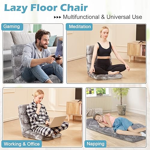 Miniatura 4 de Silla plegable de suelo acolchada de 14 posiciones con algodón transpirable y franela agradable a la piel para adultos y niños, ideal para leer y
