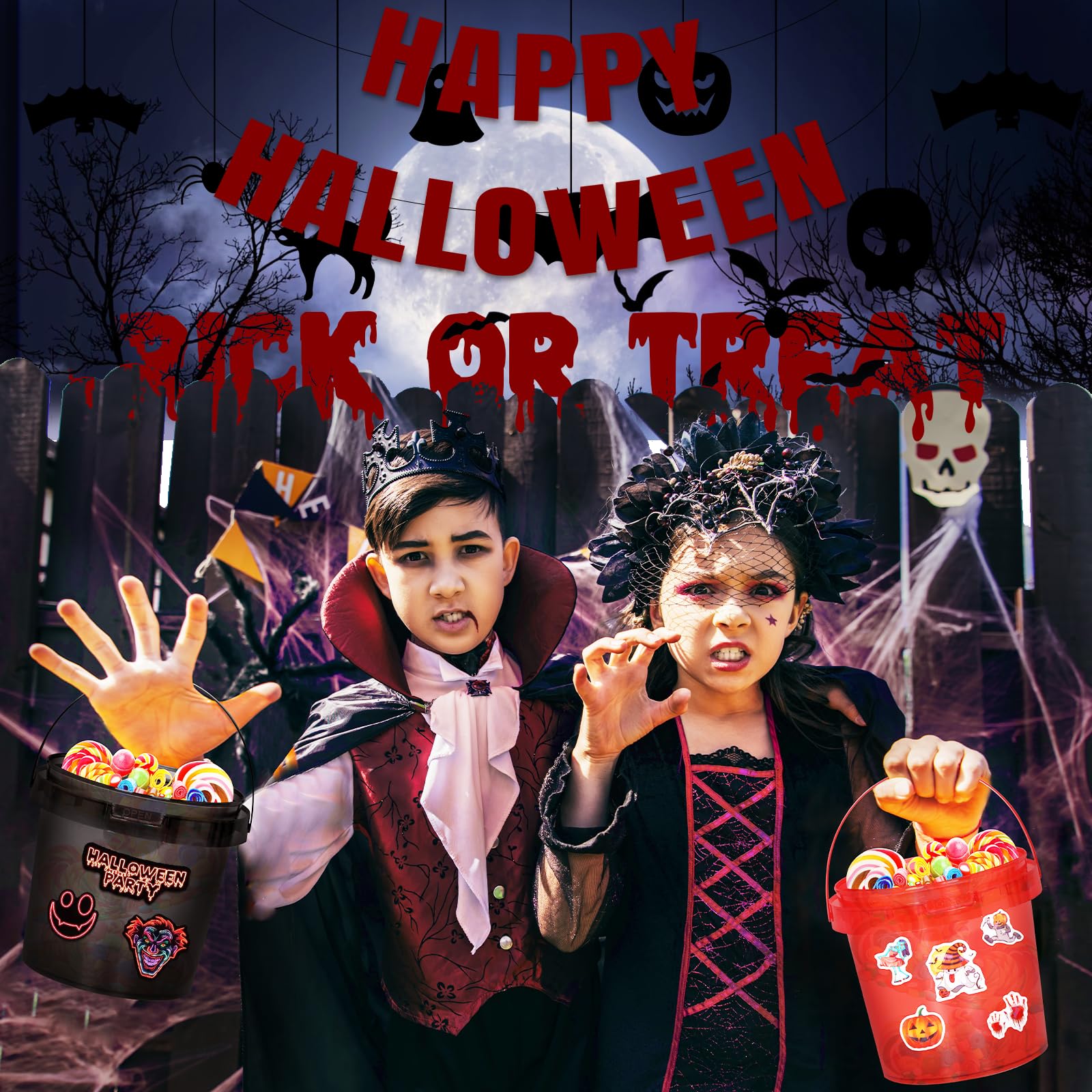 20 cubos de dulces de Halloween, cestas de truco o trato para niños, cubos de hielo de 32 onzas para fiestas con tapa, contiene 210 calcomanías de Halloween y 25 popotes para decoración de fiesta de 4