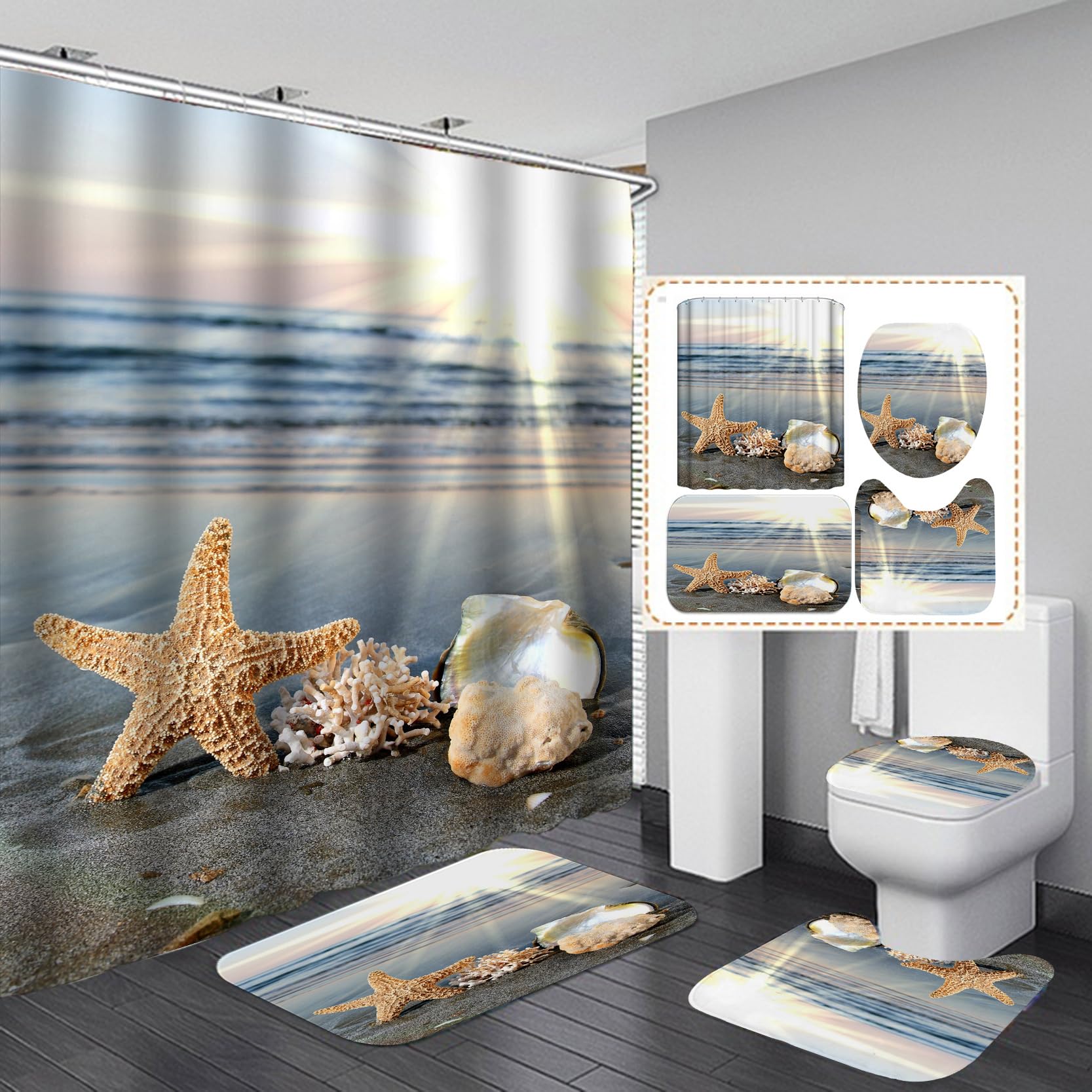 Britimes - Set di 4 tende da doccia con 12 ganci, oceaniche e stelle