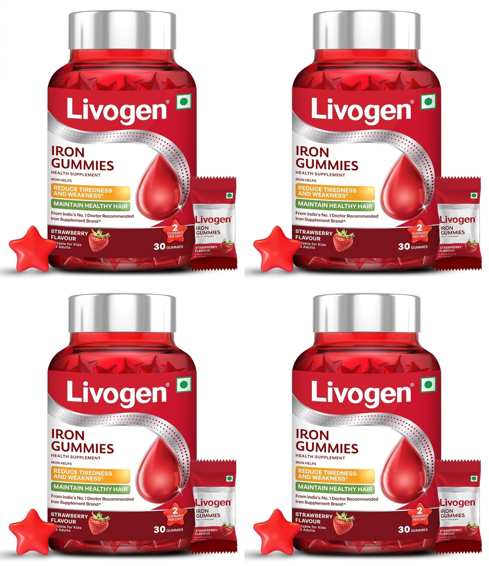 Livogen Iron Gummies for Women, Kids & Adults | Maintains Haemoglobin, Iron Helps Reduce Tiredness & Support Healthy Hair | 100% Vegetarian, Tasty Strawberry Flavour | 30 Gummies x Pack of 4
