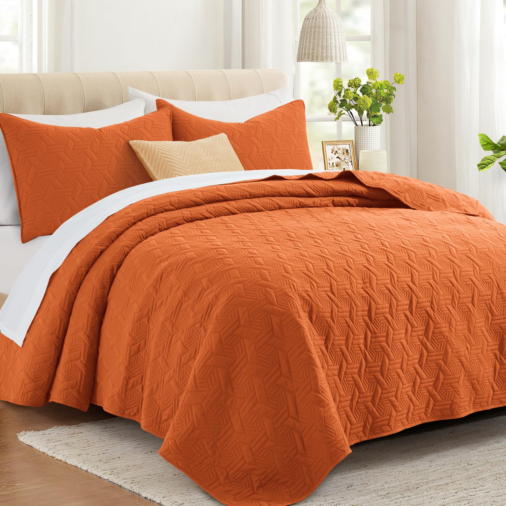 King Size Burnt Orange Quilt Bedding Set, Summer Lightweight Basket Pattern Bedspread & Coverlet, Soft Microfiber Thin Comforter Set for All Seasons - 3 Piece(1 Quilt, 2 Pillow Shams)