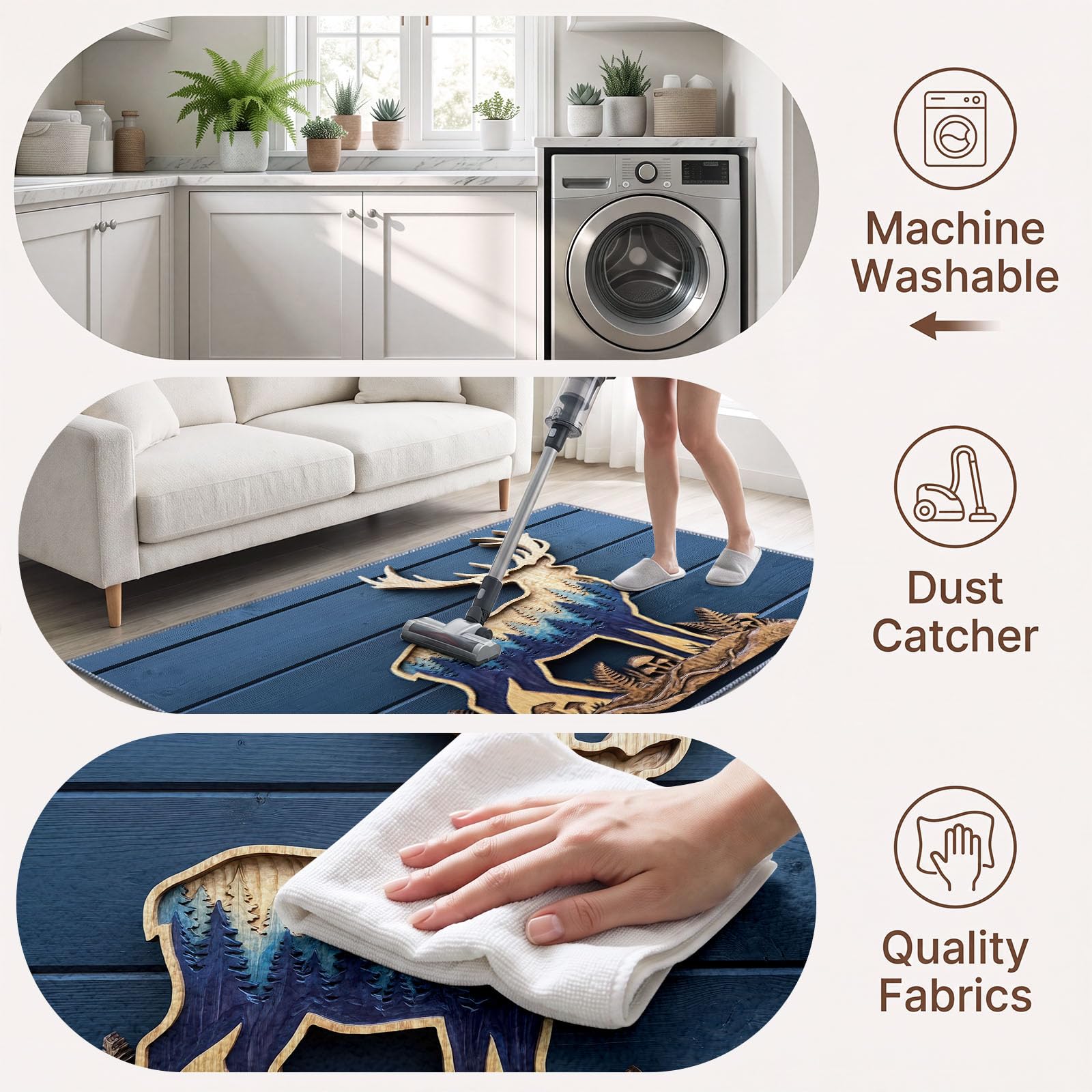 Tapis Lavable en Machine 120 x 180 cm Bois Cerf Silhouette Forêt Tapis Antidérapant en Flanelle Idéal pour Enfants et Animaux – Moquette de Chambre Doux, Poils Courts, Entretien Facile, Bleu Marine