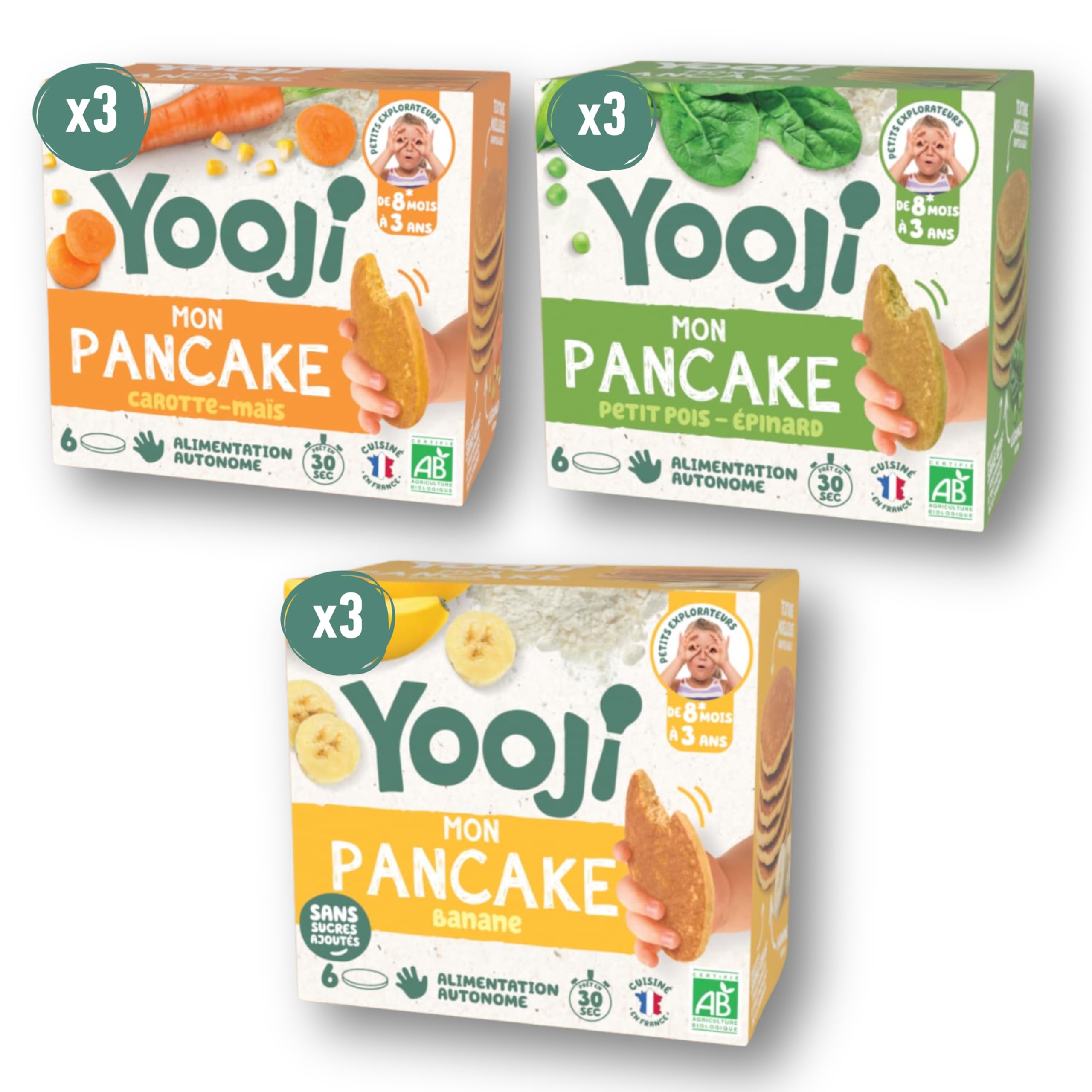 Yooji - Trio de Pancakes fruits & légumes bio pour repas bébé dès 8 mois - Introduction morceaux, Alimentation autonome et DME - 27 repas - à base de purée banane petit pois carotte