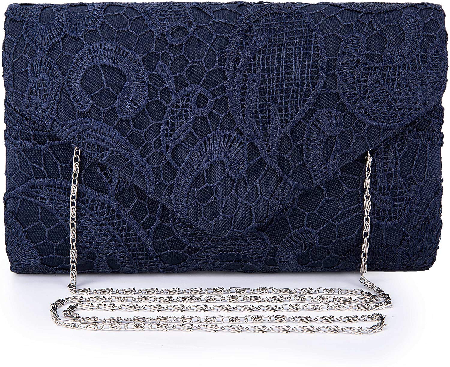 Kaever Ladies Satin Lace Clutch Bag Shoulder Chain Elegant Wedding Evening Bags, Navy Blue, M