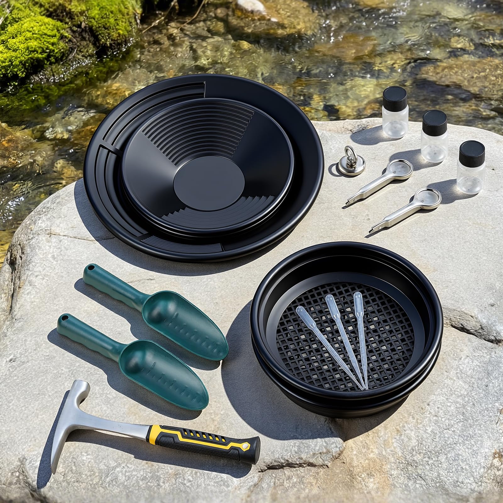 VEVOR Kit Complet d'Orpaillage Portable, Batées d'Orpaillage de 254 mm et 355 mm, 19 Pcs avec Tamis Classificateurs, Aimant pour Sable, Pioche, Pelles, Sac à Dos et Accessoires, pour Prospection d'Or