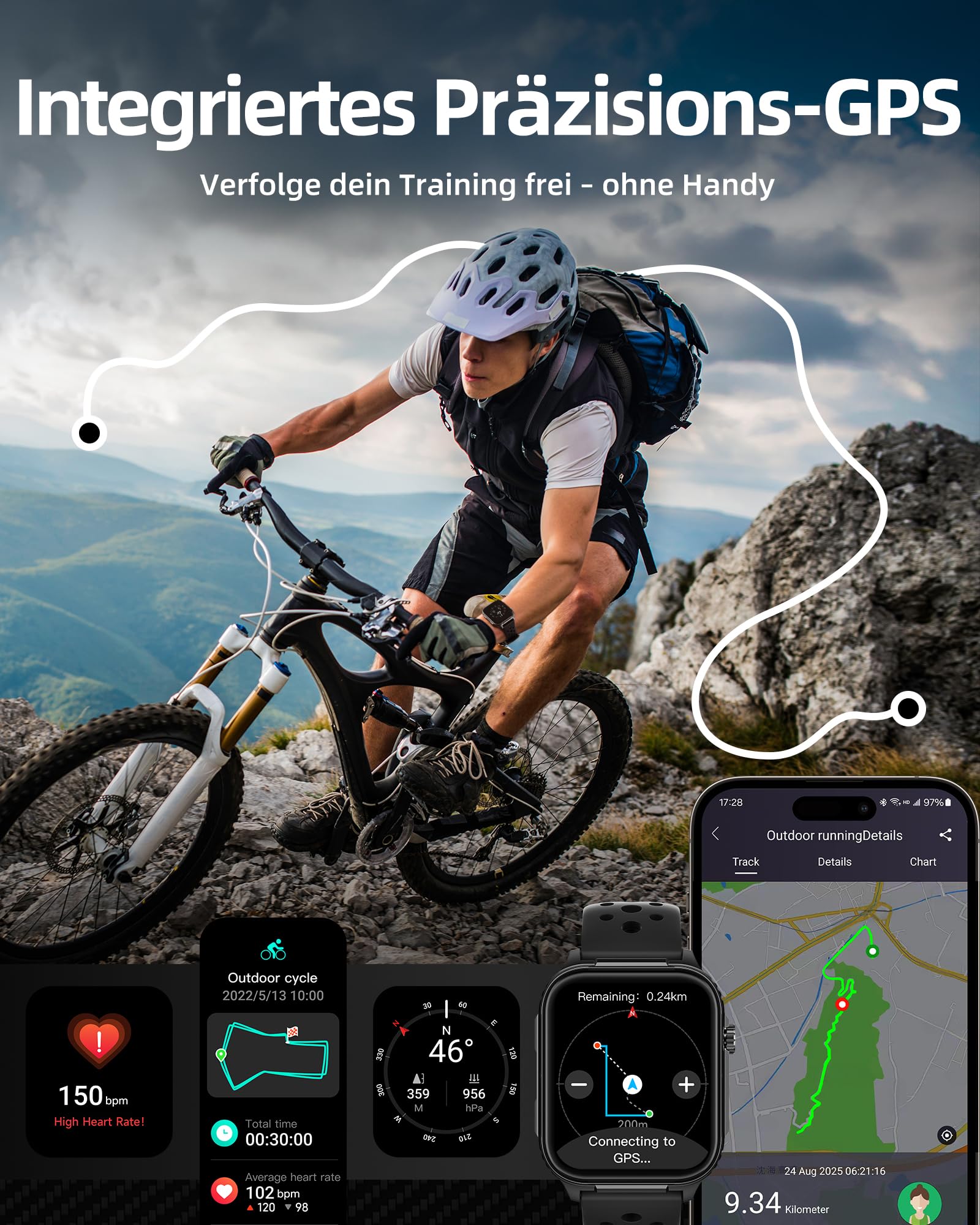 Parsonver Smartwatch Herren mit Eingebautem GPS, 10 Tage Akkulaufzeit | Fitness Watch mit Bluetooth Telefonfunktion, 100+ Sportmodi, Herzfrequenz, Schlafen, 400+ Zifferblätter, Kompass, Schwarz