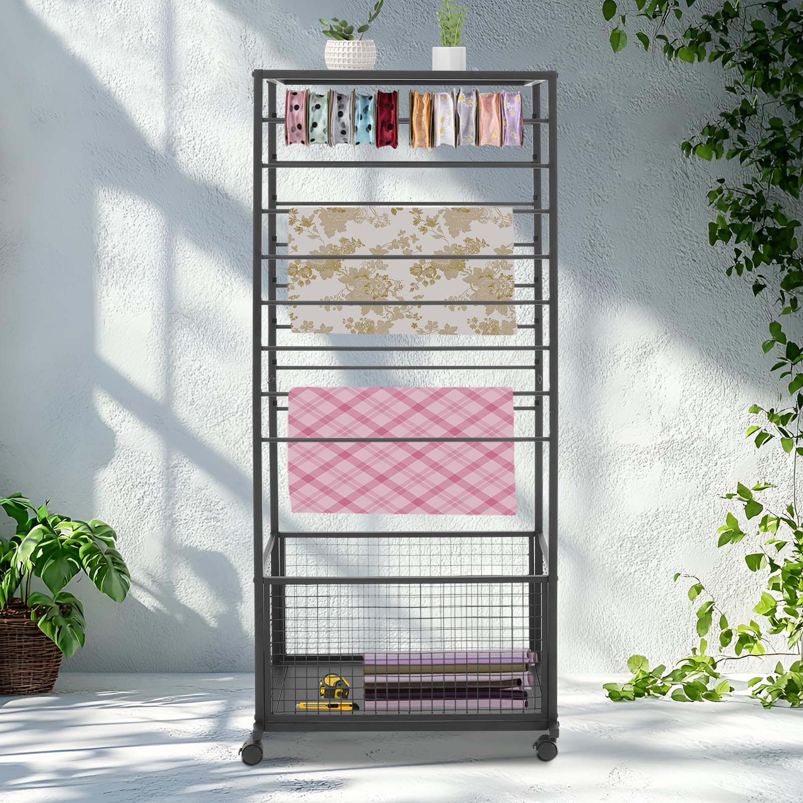 Supporto per nastri, organizer multifunzione a 16 strati, con ruote e cestino, ideale per carta da imballaggio, tessuti e sciarpe,