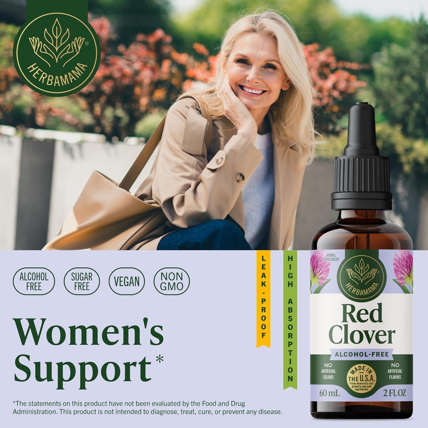 HERBAMAMA Red Clover Supplement Drops - Vegan Red Clover Extract for Women's Support - Non-GMO, Alcohol & Sugar-Free Antioxidant Tincture, 42-Day Supply - Image 2