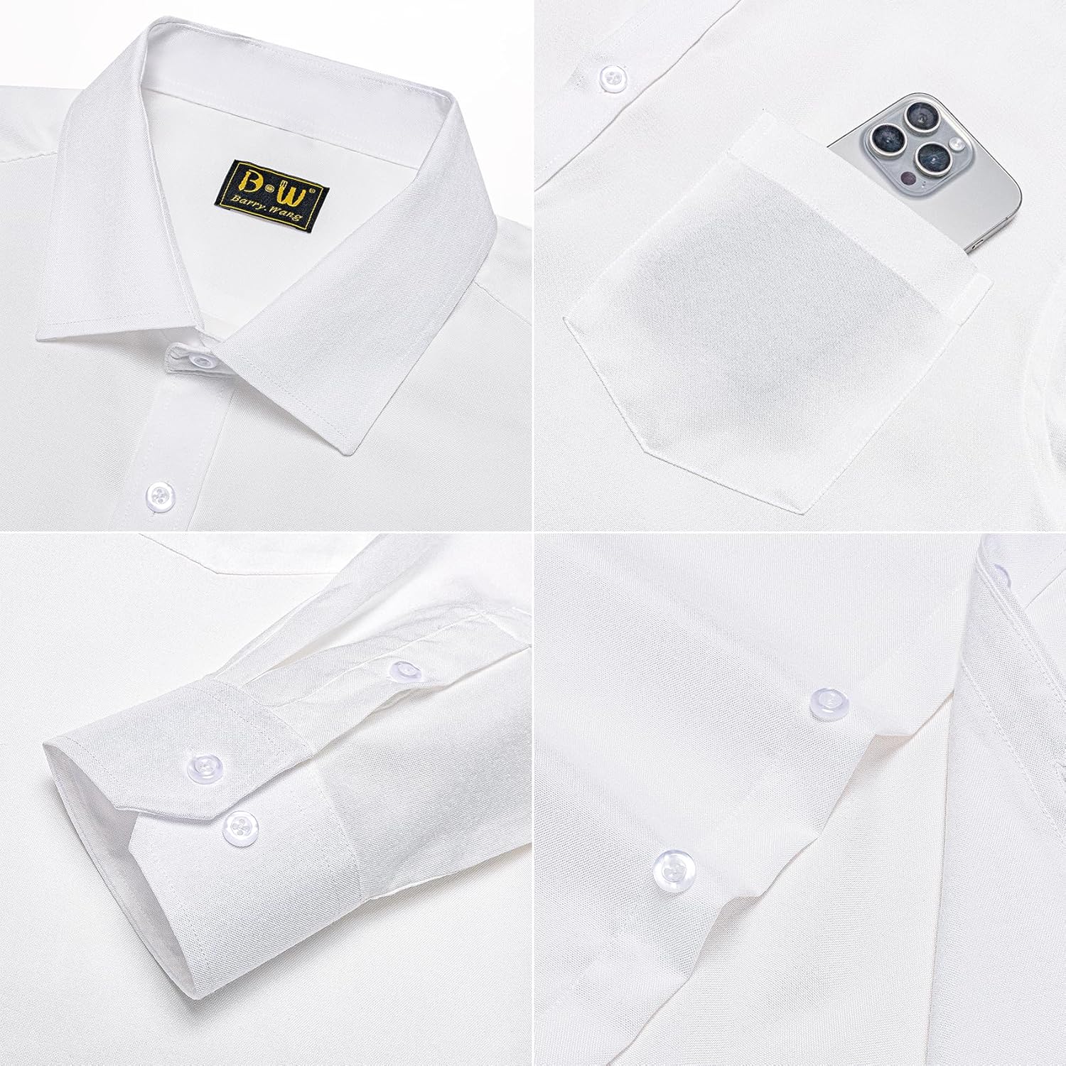 Barry.Wang Mens Linen Long Sleeve Shirt Solid Button Down Lightweight Casual Business Vacation Dress Shirt with Pocket - Image 4