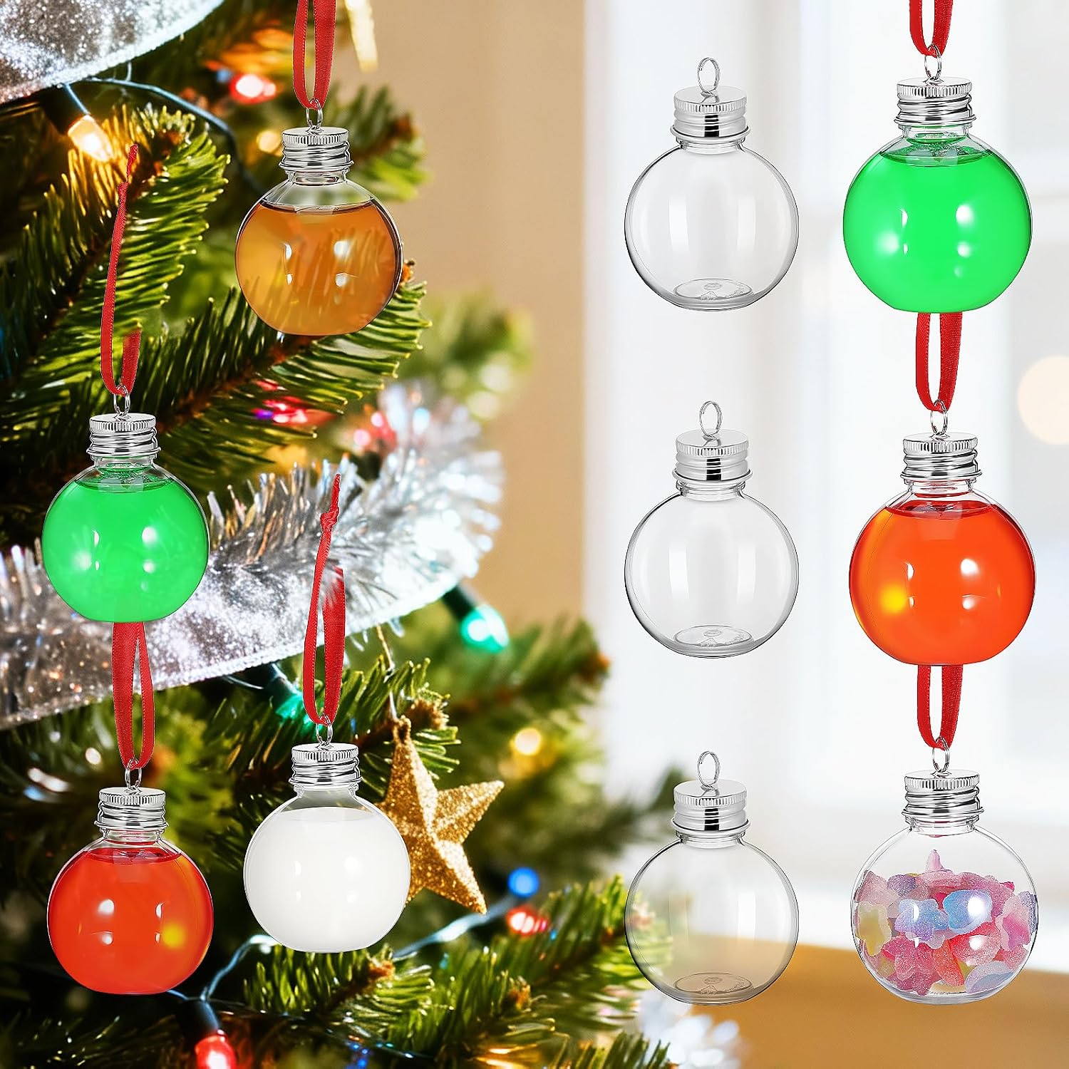 BESPORTBLE 10pcs Christmas Candy Bottles with Lids, 100ml Bulb-shaped Plastic Drink Containers, Red Hanging String, Festive Party Juice Bottles for Holiday Decoration and Packaging