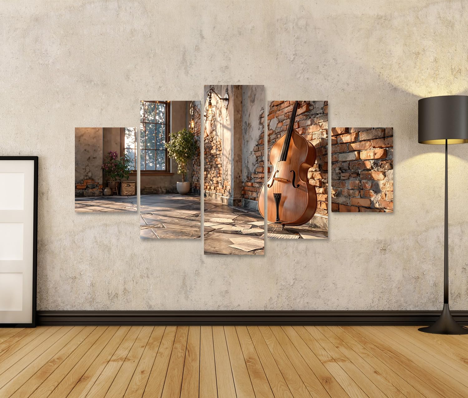 islandburner Quadro su tela a contrabbasso suggestivo da parete per soggiorno, per gli amanti della musica, 5 pezzi, edizione Y1