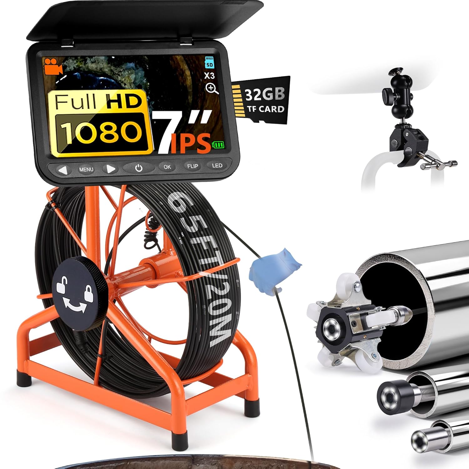 ChoosePRO 2026 7" HD 1080P Sewer Camera w/32GB DVR, 1s Twist Reel, 65ft Cable - Plumbing Drain Pipe Inspection Tool