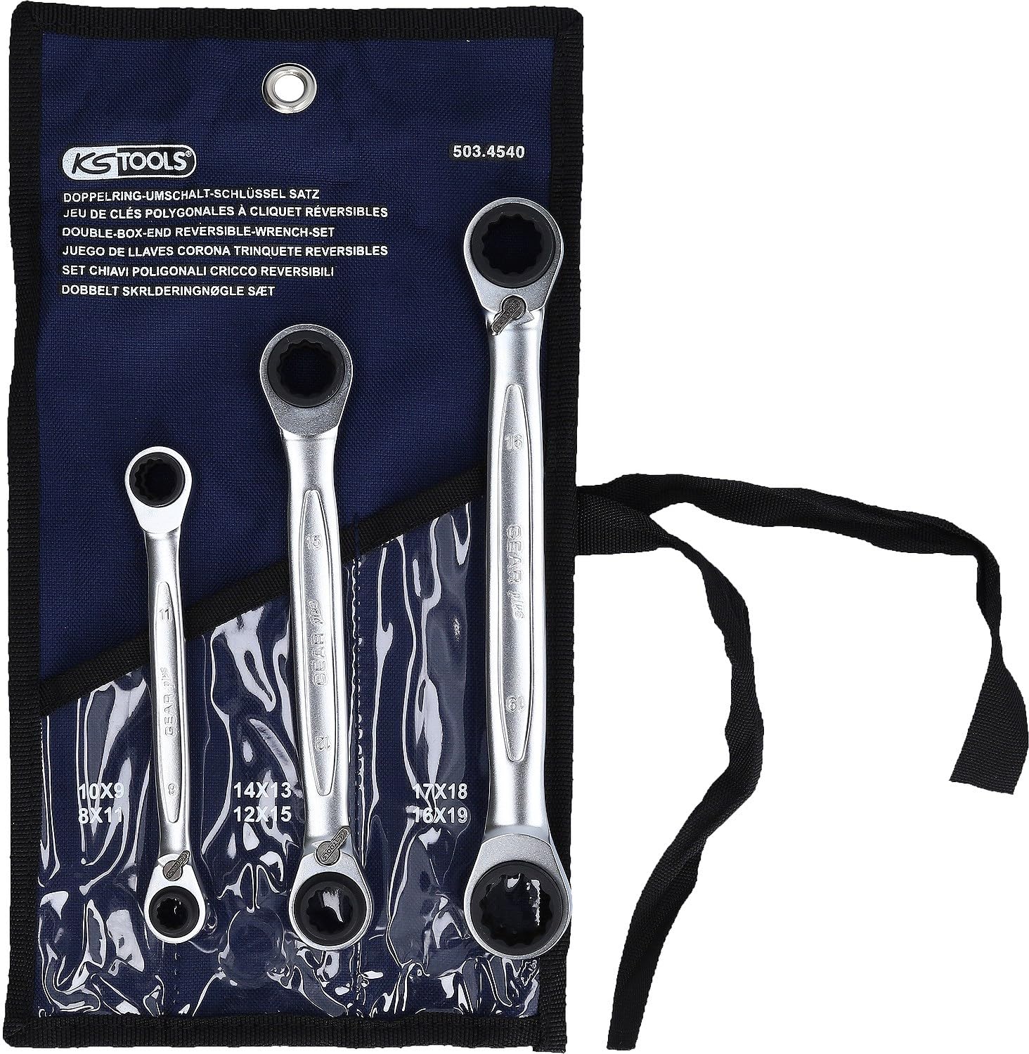 KS Tools 503.4540 4w1GEAR+Zest podw kluczy oczkowychz grzechot, przelacz 3-szt, 8x11-17x18mm