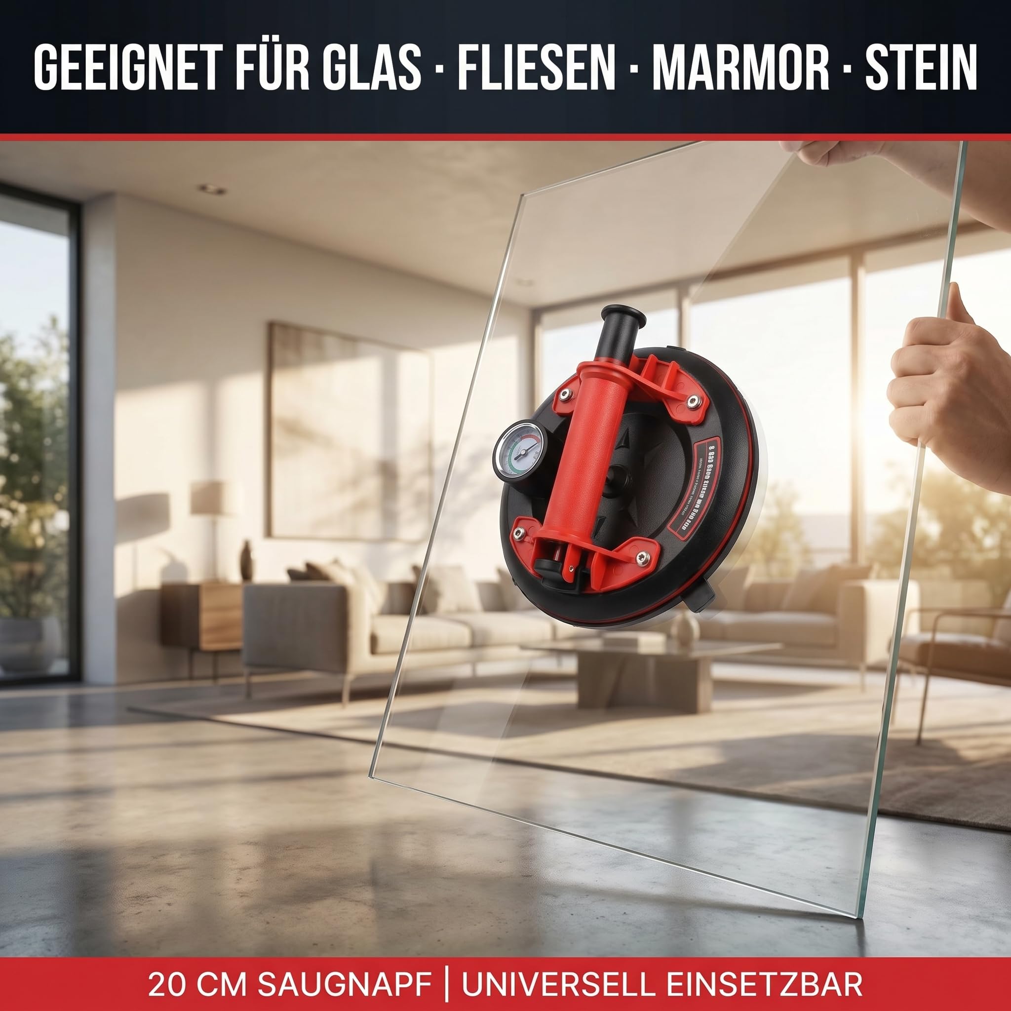 Saugheber Fliesen mit Manometer, Vakuum Saugheber Set, Fliesensaugheber | 200kg Tragkraft, 8 Zoll, Pump-Saugheber, Plattenheber für Fliesen, Glas, Feinsteinzeug, Granit & Fenster,mit Werkzeugkasten