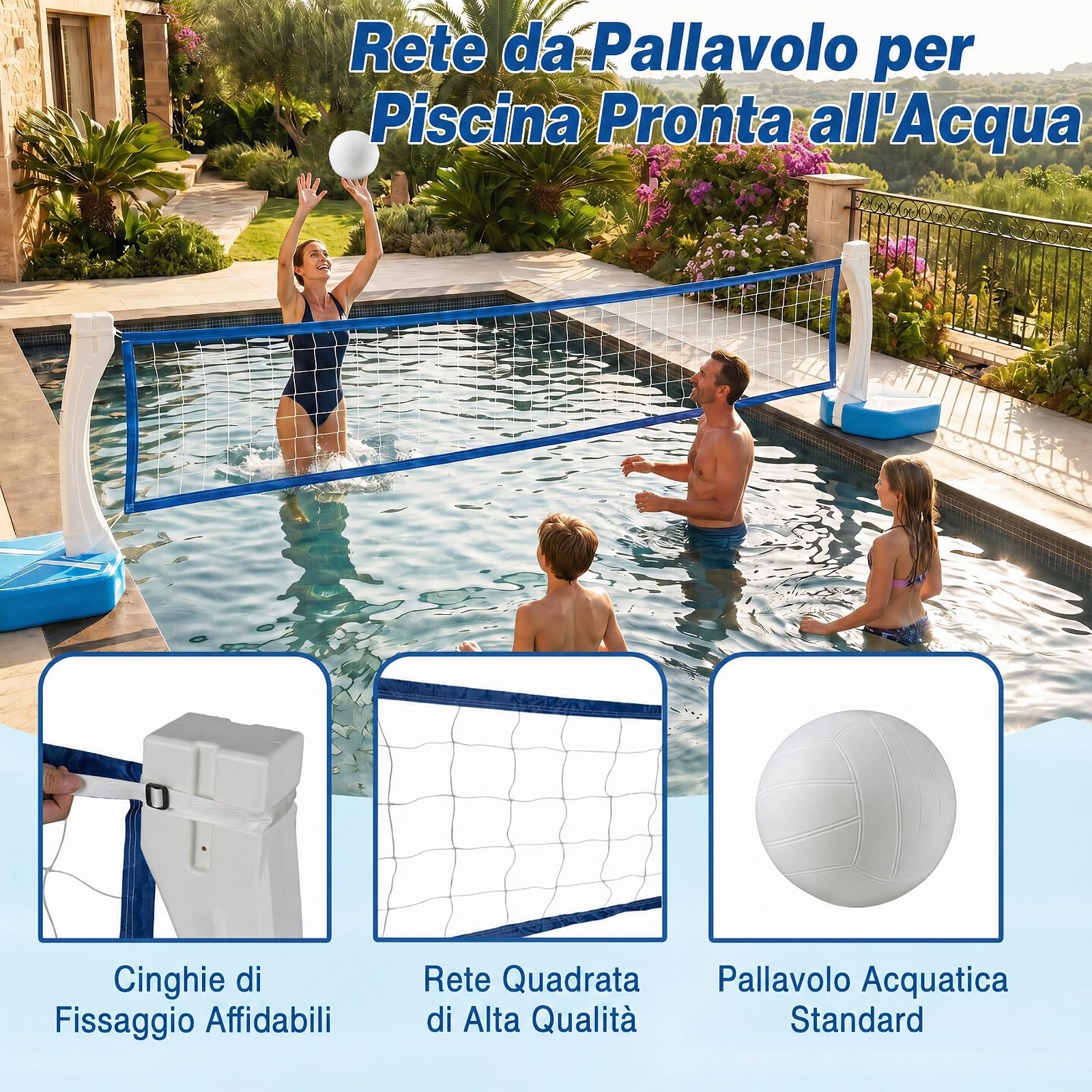 COSTWAY 2 in 1 Canestro da Basket e Rete da Pallavolo per Piscina | Giocattoli Acquatici per Bambini e Adulti con 2 Palloni da Basket, 1 Pallone da Pallavolo, 1 Pompa e 2 Reti, da Spiaggia