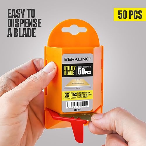 Miniatura 5 de Cuchillas para cuchillo utilitario con revestimiento de titanio, 50 unidades con dispensador, SK2H afiladas con láser endurecidas, ultra 3 veces más