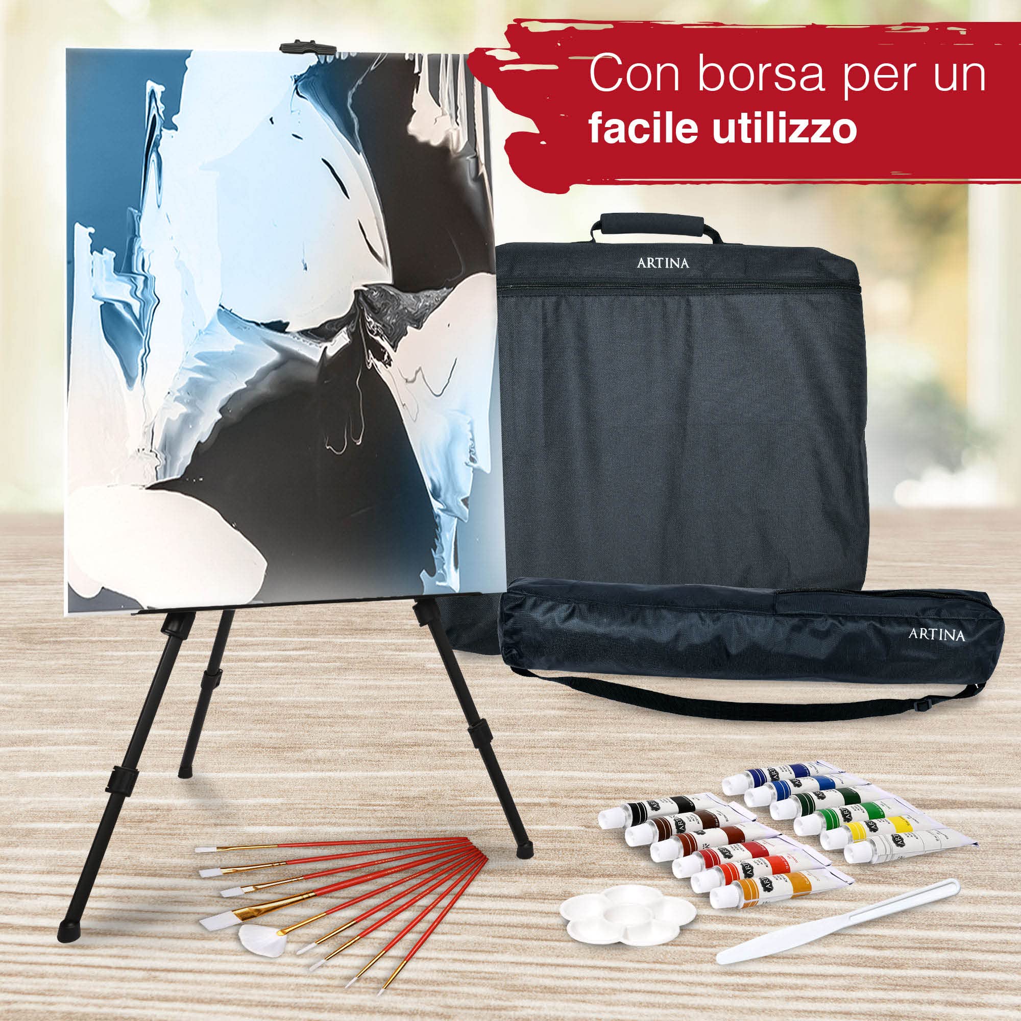 Artina XXL 111+11 Pezzi Set Pittura con Cavalletto Tavolo per Dipingere – Colori Acrilici, Acquerelli, Pastelli, Tela, Pennelli – Kit Pittura Adulti Bambini – Regalo di Natale Creativo – Michelangelo