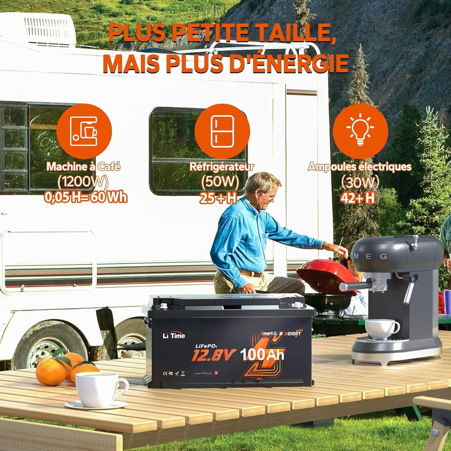 LiTime Batterie Lithium LiFePO4 12V 100Ah H190 avec Bluetooth pour Sièges de Camping-Cars: DIN H8 L5, 4000-15000 Cycles Profonds, Énergie 1280Wh, sans Entretien pour Caravane, RVs, Système Solaire
