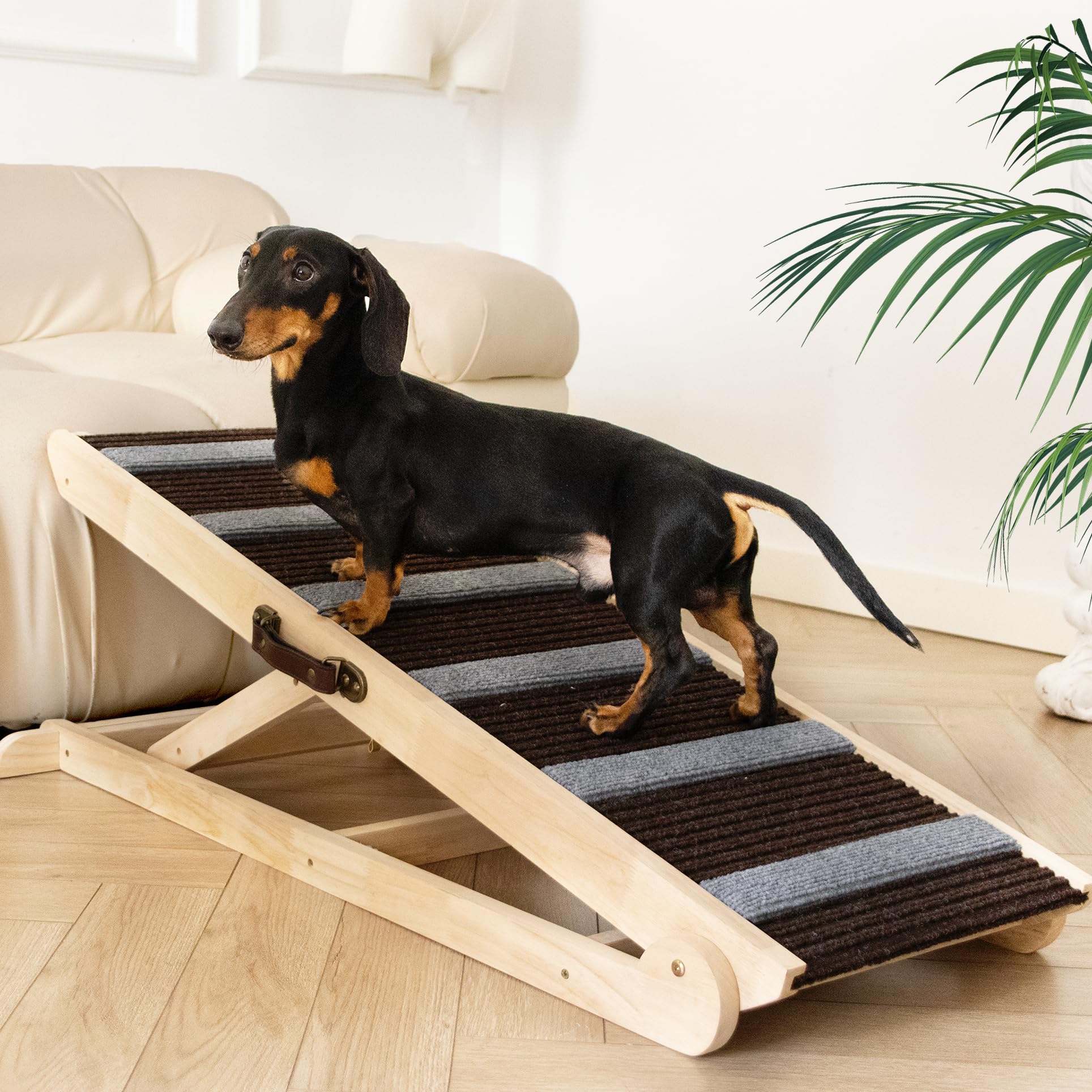 UNQBWE Dog Ramp for Bed, Adjustable & Folding with 6 Adjustable Height, Rugged, Anti-Slip, Dog Ramp for Couch, Folding Portable Wooden Pet Ramps, for