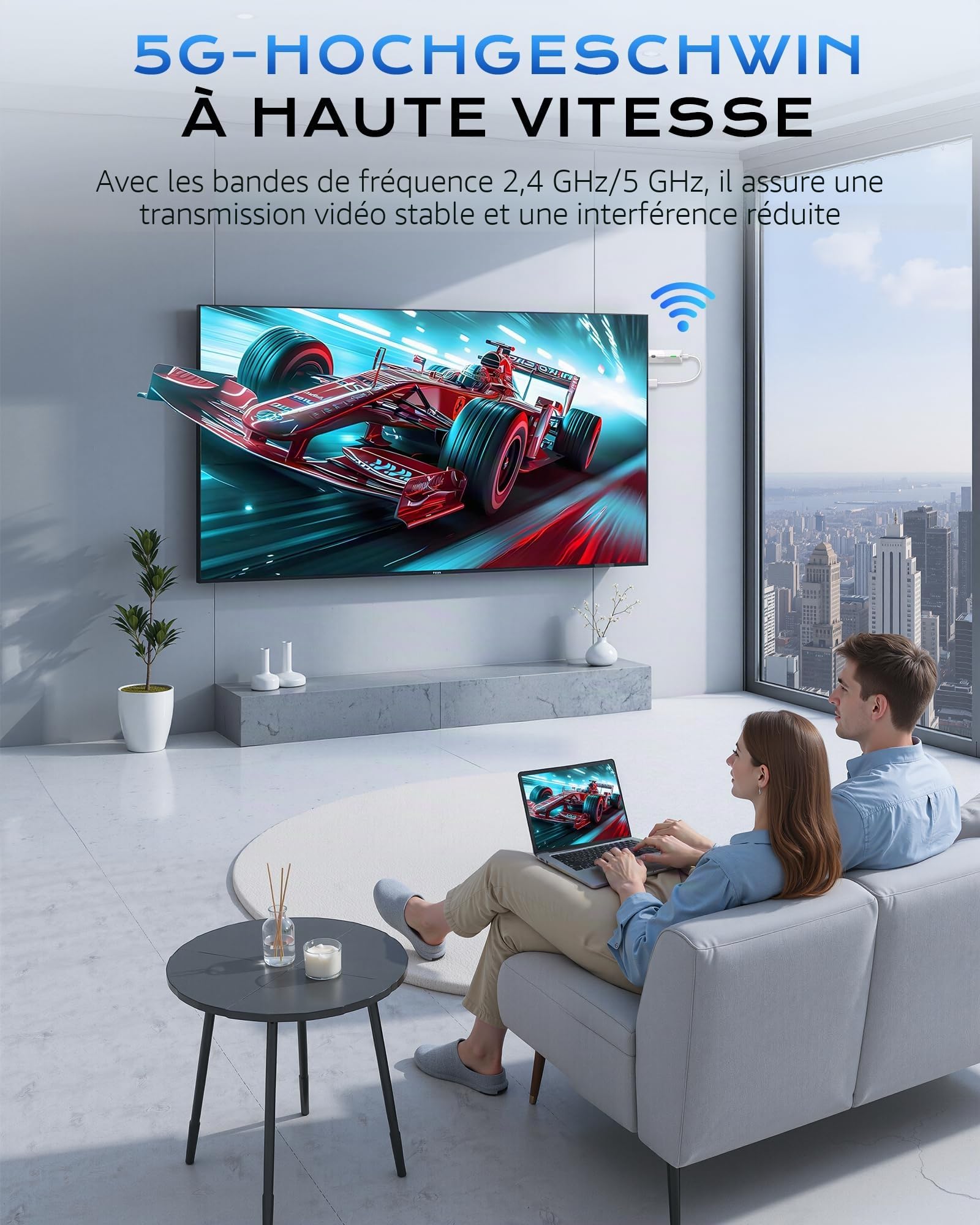 Adaptateur sans Fil HDMI 1080P@60Hz, 5GHz AirPlay/Miracast pour TV/projecteur (Compatible avec Smartphone, Tablette, PC/Mac)