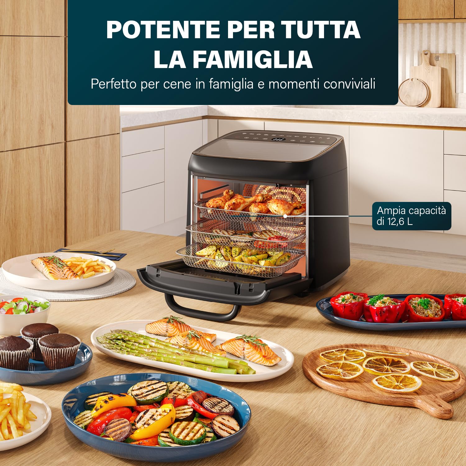 Princess Friggitrice ad Aria Forno Vision, Capacità 12,6 L, Potenza 1800 W, Cottura Multifunzione, Controllo Digitale, Facile da Pulire, 182494