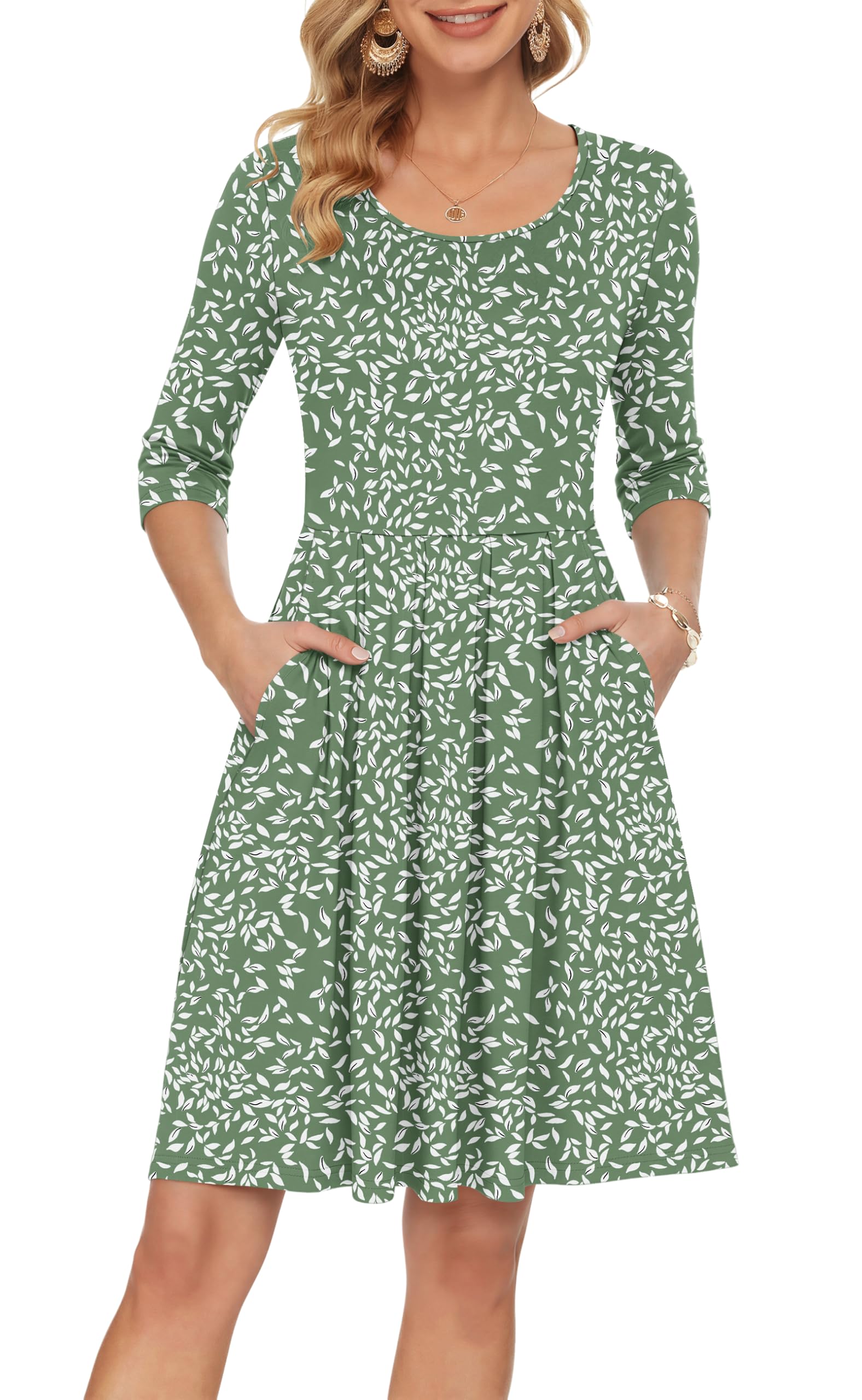 AUSELILY Women's 3/4 Sleeve Casual Dress Pleated Knee Length