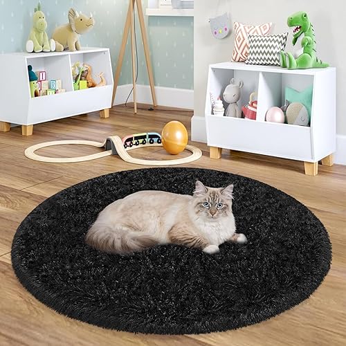 Alfombra Redonda Negra Esponjosa para Dormitorio, Alfombra Circular Suave y Esponjosa de 3 pies para Habitación de Niños y Niñas, Lindas Alfombras