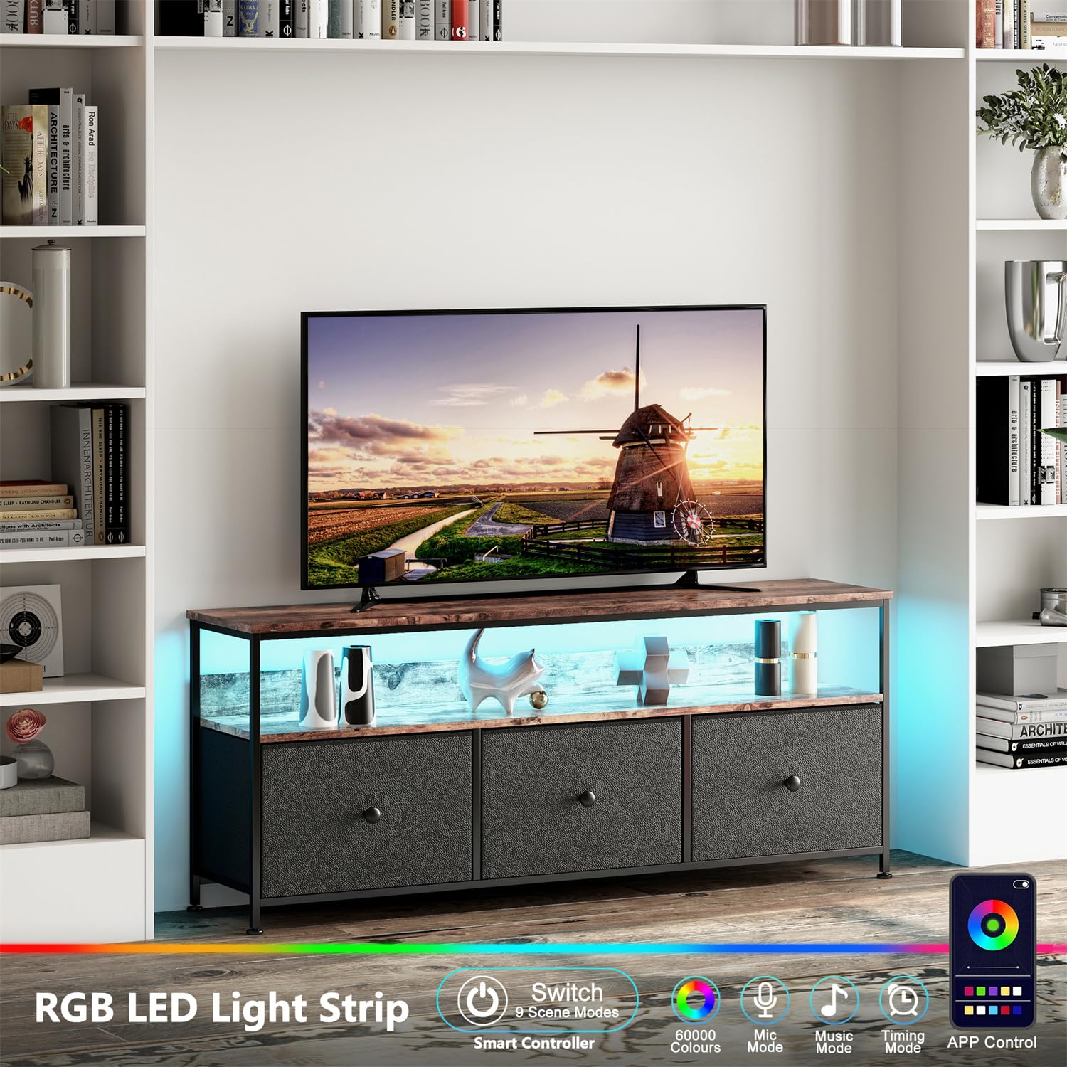 Meuble TV LED pour salon, console multimédia avec tiroirs à motif floral, lumières LED, centre de divertissement avec rangement, console de jeux avec meuble de jeux pour salon (noir B)