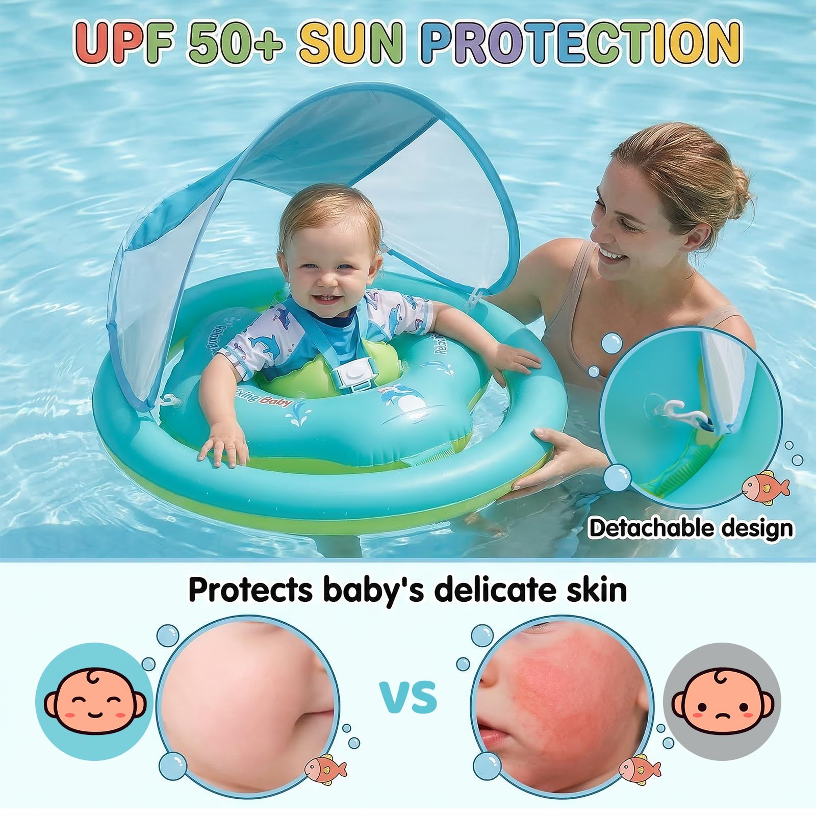 Flotador para Bebés con Parasol Extraíble UPF50+ Flotador para niños de 1 a 3 años (12 a 36 Meses). Asiento de Natación, Piscina Infantil, Juguete de Ayuda para Nadar, Flotador de Piscina.
