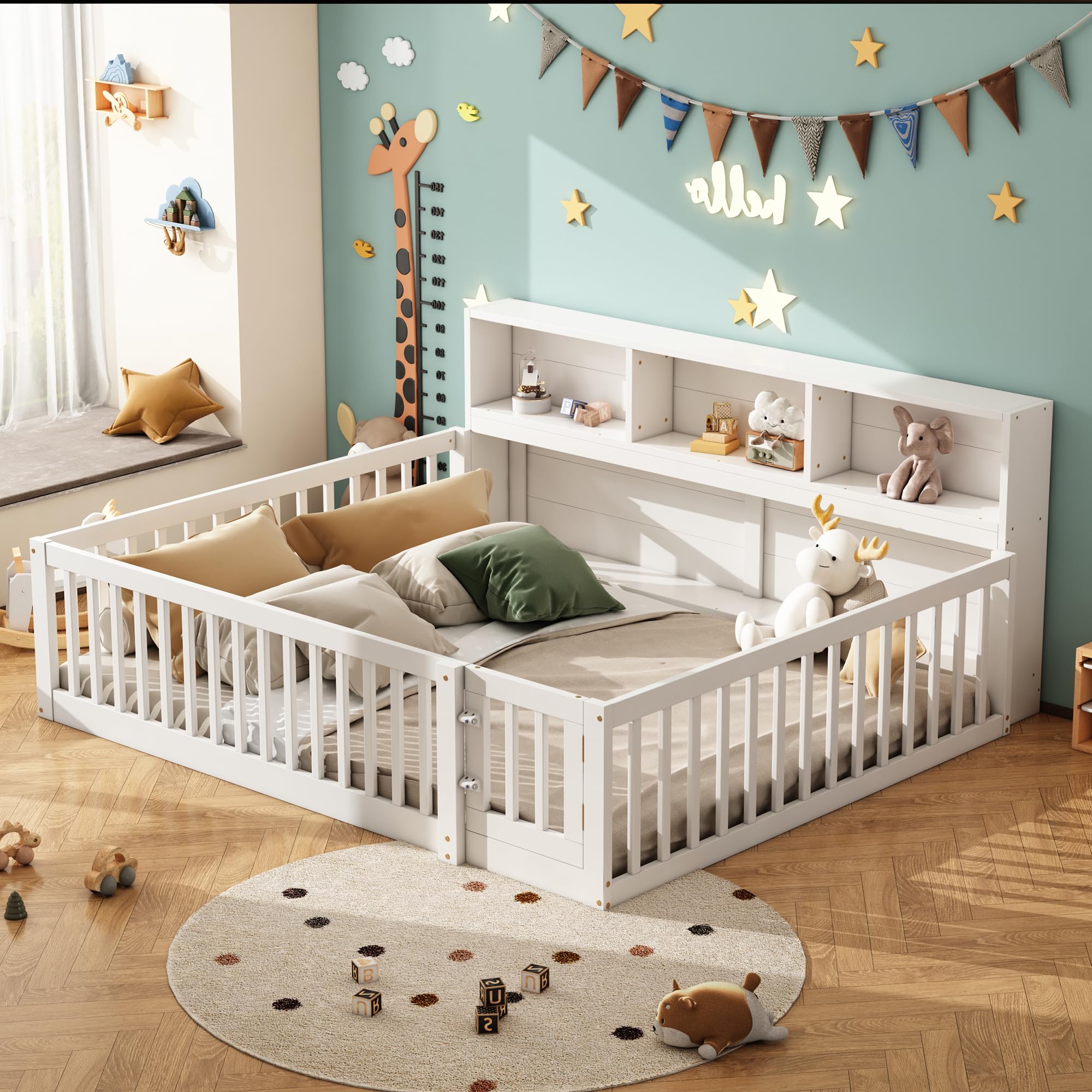 Letto Basso Per Bambini 140x200 Cm - Con Protezioni E Vano Portaoggetti, In Legno Di Pino