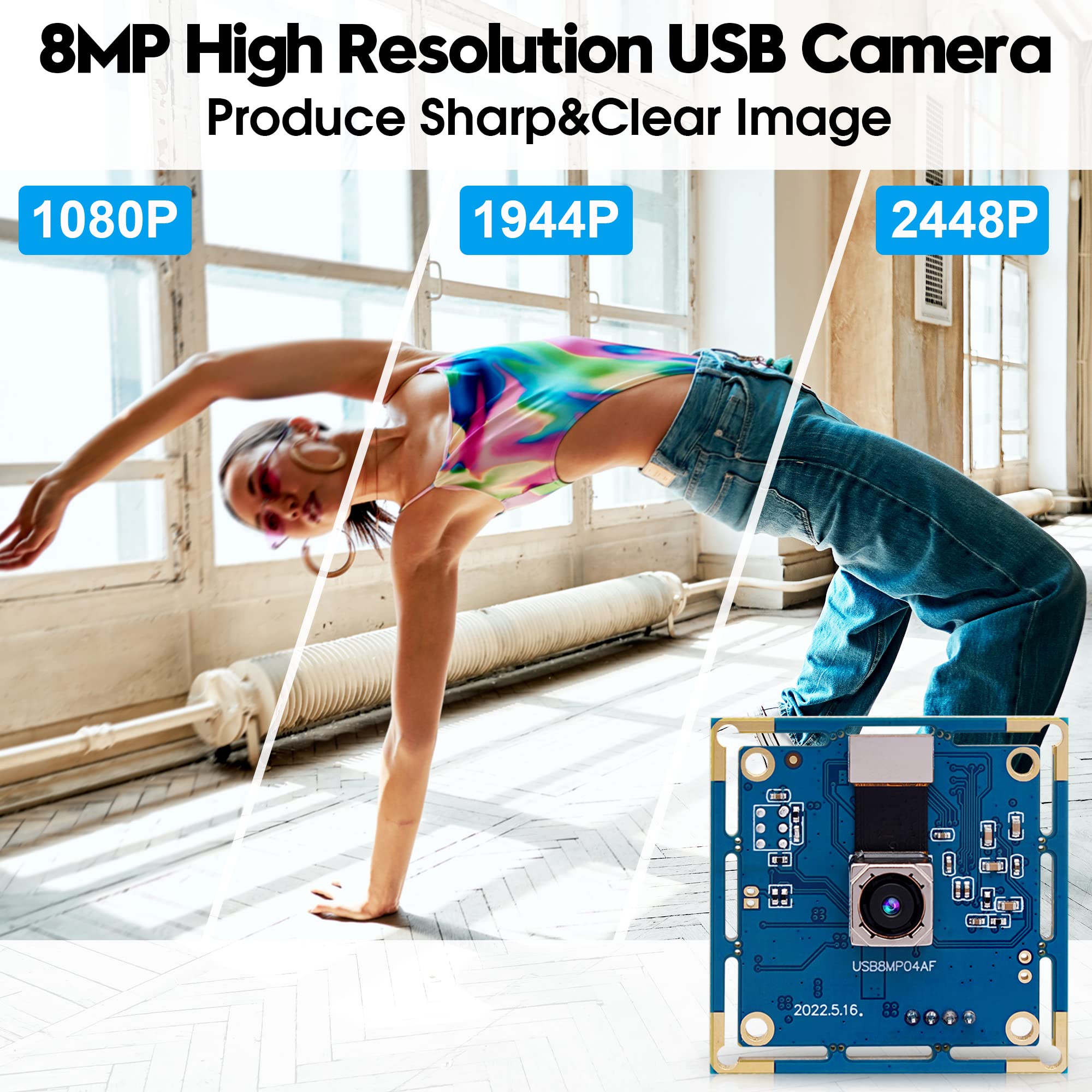ELP Telecamera USB da 8 MP - Autofocus 4K PC e Raspberry Pi Mini UVC USB2.0 Scheda Webcam IMX179 Fotocamera Industriale Lightburn per Laptop