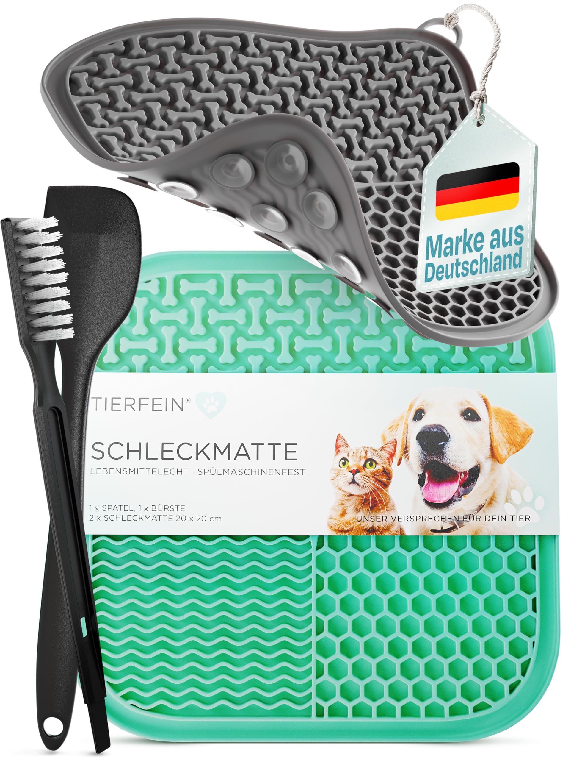 TIERFEIN – Schleckmatte Hund mit Saugnäpfen (2er Set, 20x20 cm) – Schleckmatte Katze zur Beruhigung & Förderung von langsamen Fressen – Leckmatte Hund inkl. Spatel & Bürste, BPA-frei