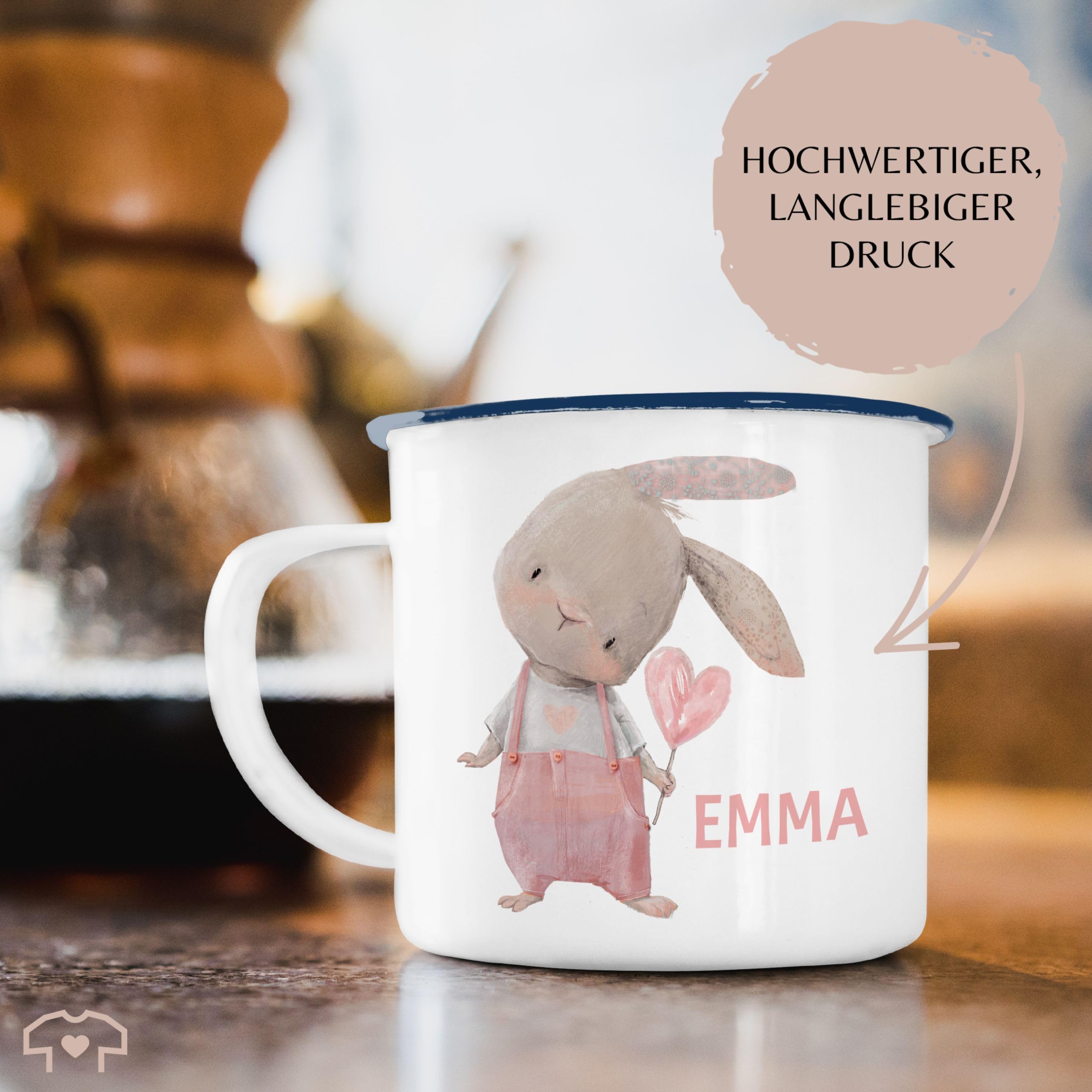 Personalisiert Emaille Becher Mit Hasen-Motiv – 300 Ml, Weiß Mit Silbernem Rand, Geschenk Für Ostern Oder Hasen-Fans