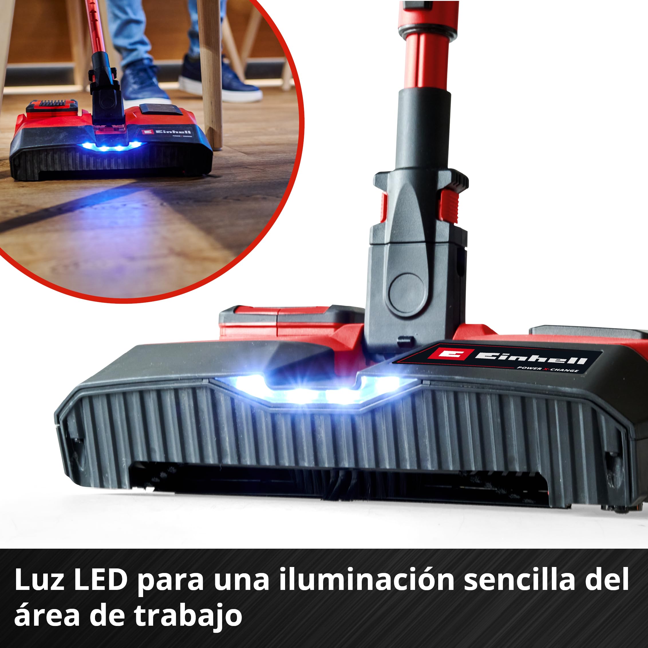 Escoba con batería TE-FS 18 Li-Solo Power X-Change de Einhell (18 V, rodillo de barrido de 250 mm de ancho, labio de limpieza, mango telescópico, sin bolsa, luz LED, incl. accesorios, sin batería)