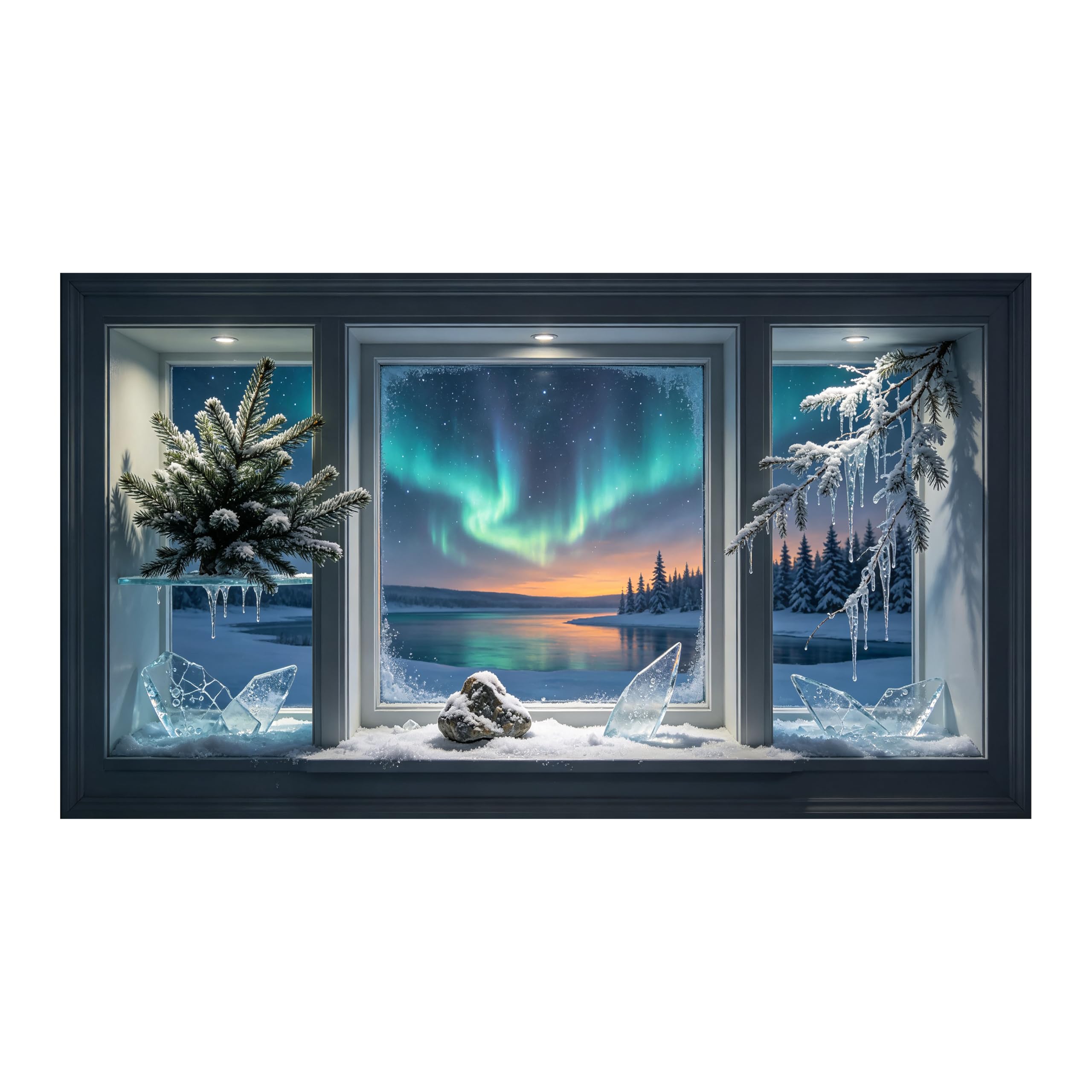 Yzpallescene Art260711144 3D Framed Wall Art Northern Lights Winter Lake Window View Scandinavian Frosted Large Size Selfadhesive Removable Wall Decor Prints Artwork For Living Room Bedroom Office