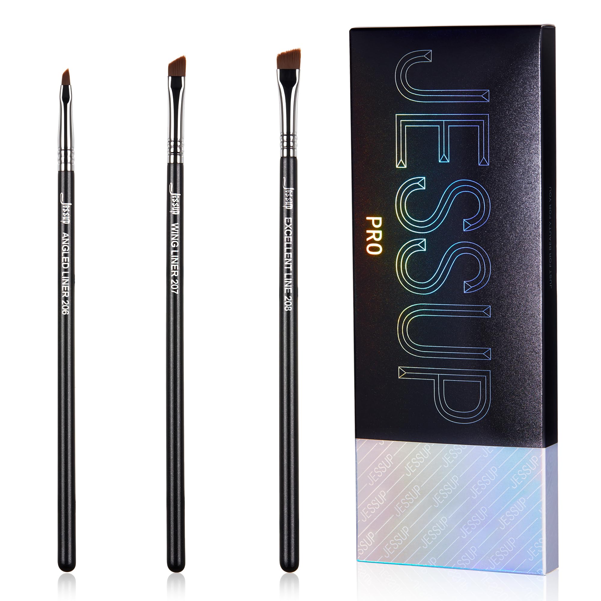 Jessup Angled Eyeliner Brush Set,3pcs Pro Precision Eye Liner Fine Winged Ultra Thin Slanted Gel Liquid EyeLiner Makeup Brushes, Black T345