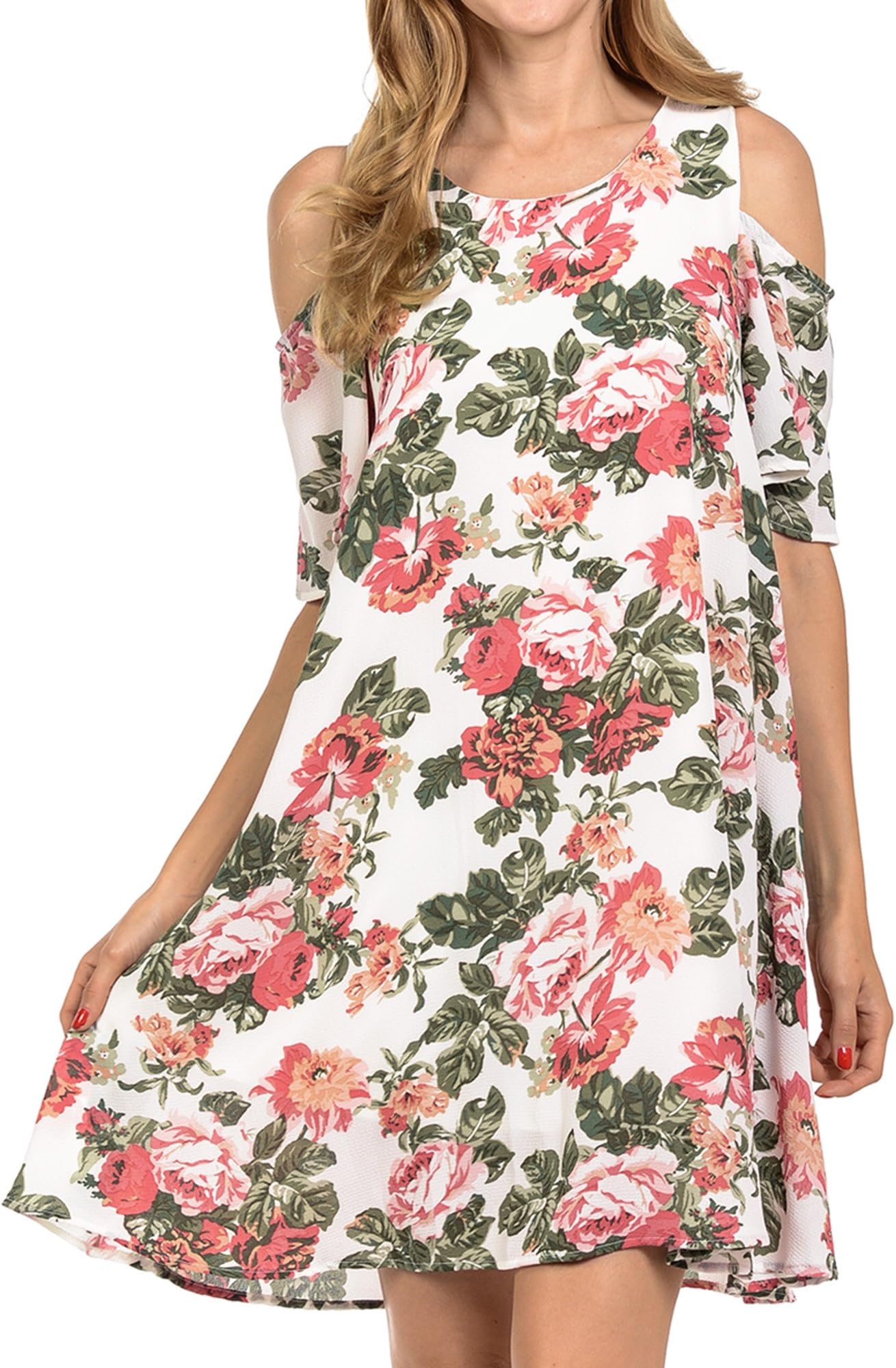 Upparel Women's Open Shoulder Floral Print Chiffon Casual Dress -Made in USA (Medium, Crepe- Ivory)