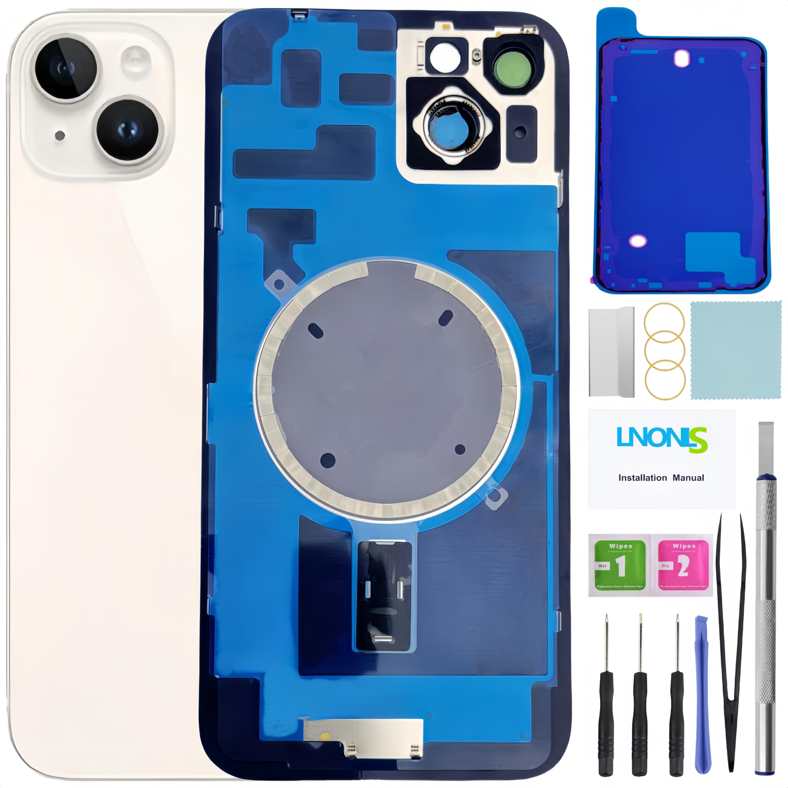 14 Plus Reemplazo de cristal trasero para iPhone 14 Plus cubierta trasera vidrio impermeable y lente de cámara+kit de herramientas