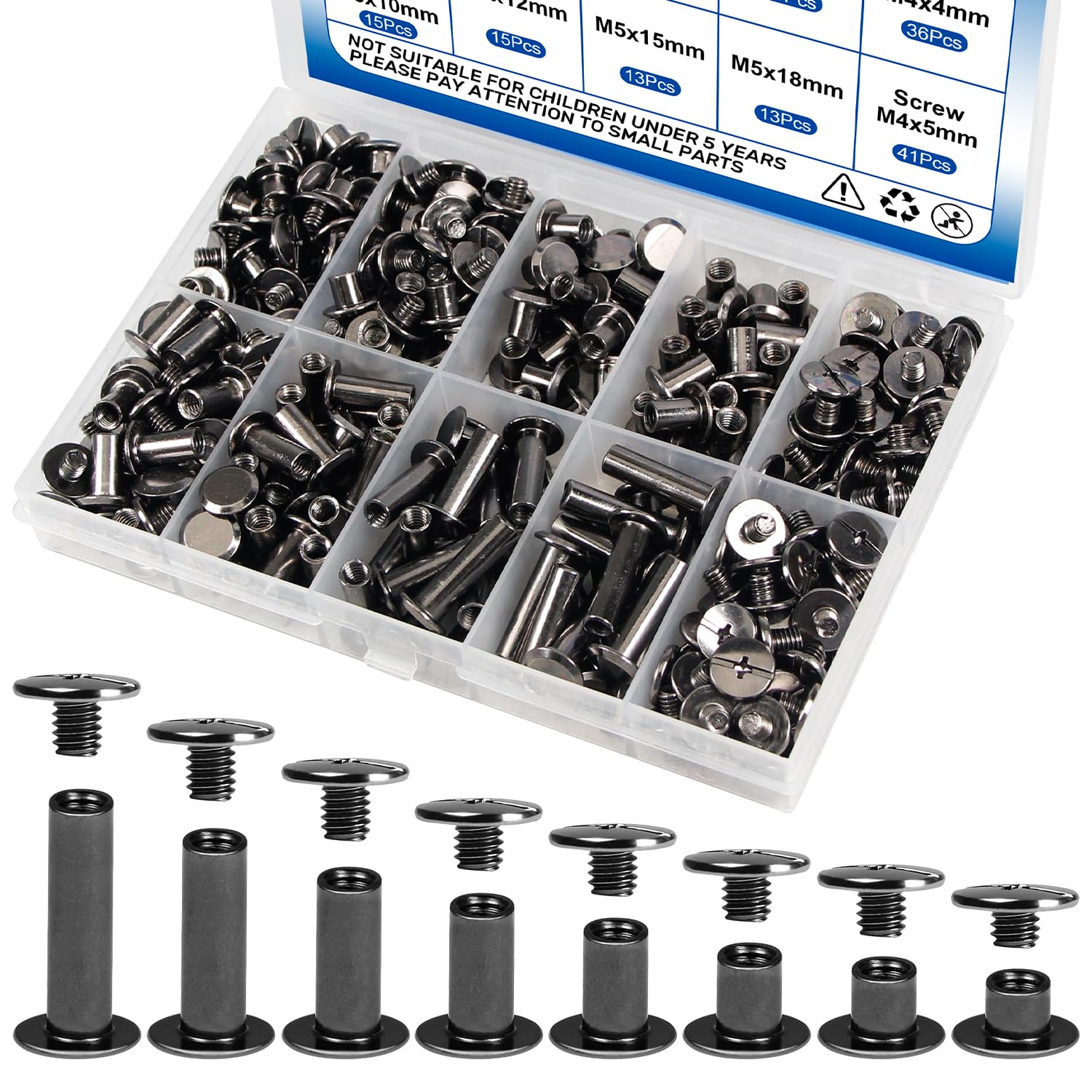 128 Sets Black Chicago Screws Assorted Kit, 8 Sizes Leather Rivets Metal Screw Rivets, Round Flat Phillip Head Binding Screws for Leather Crafts, Clothing, Shoes, Belts, Bags and Purses-image-47