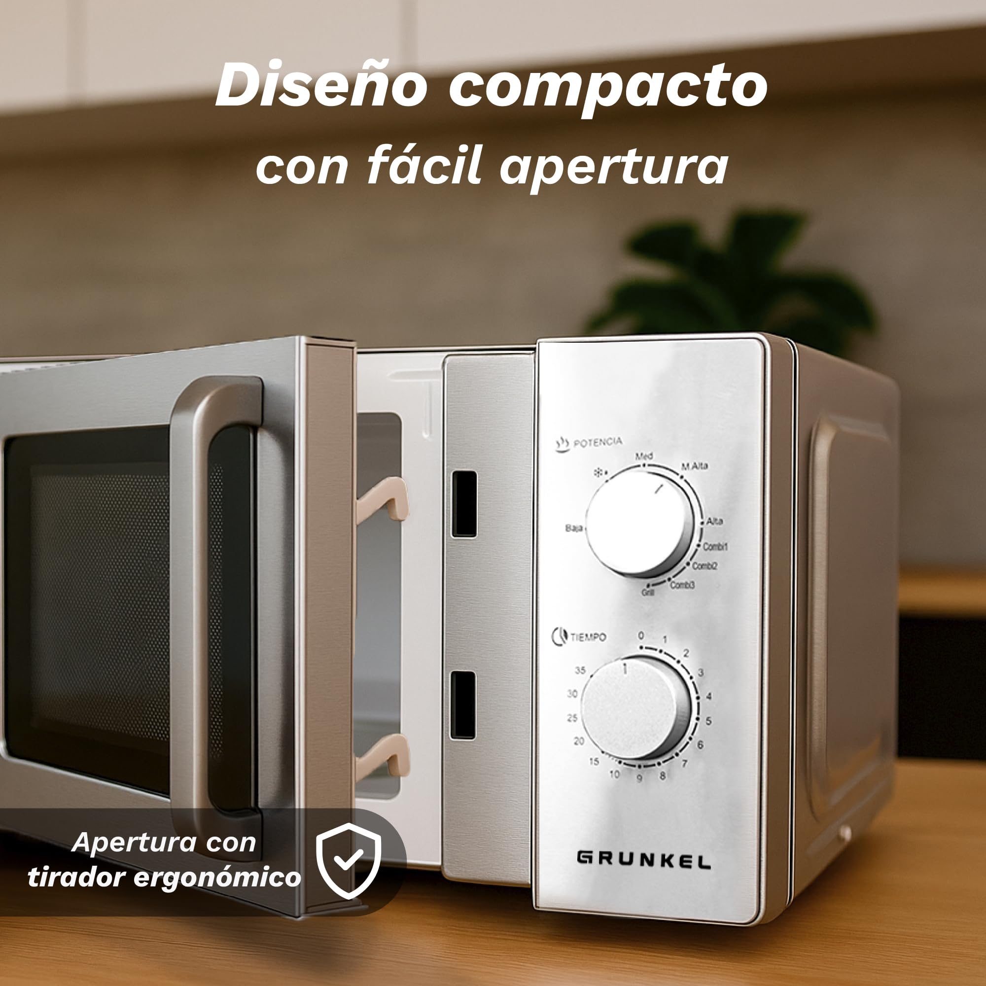 Grunkel - Microondas en color acero inoxidable de 20L y 700W y 5-6 niveles de potencia Sin/Con Grill +900W Función descongelación y temporizador hasta 35 minutos (Con Grill)