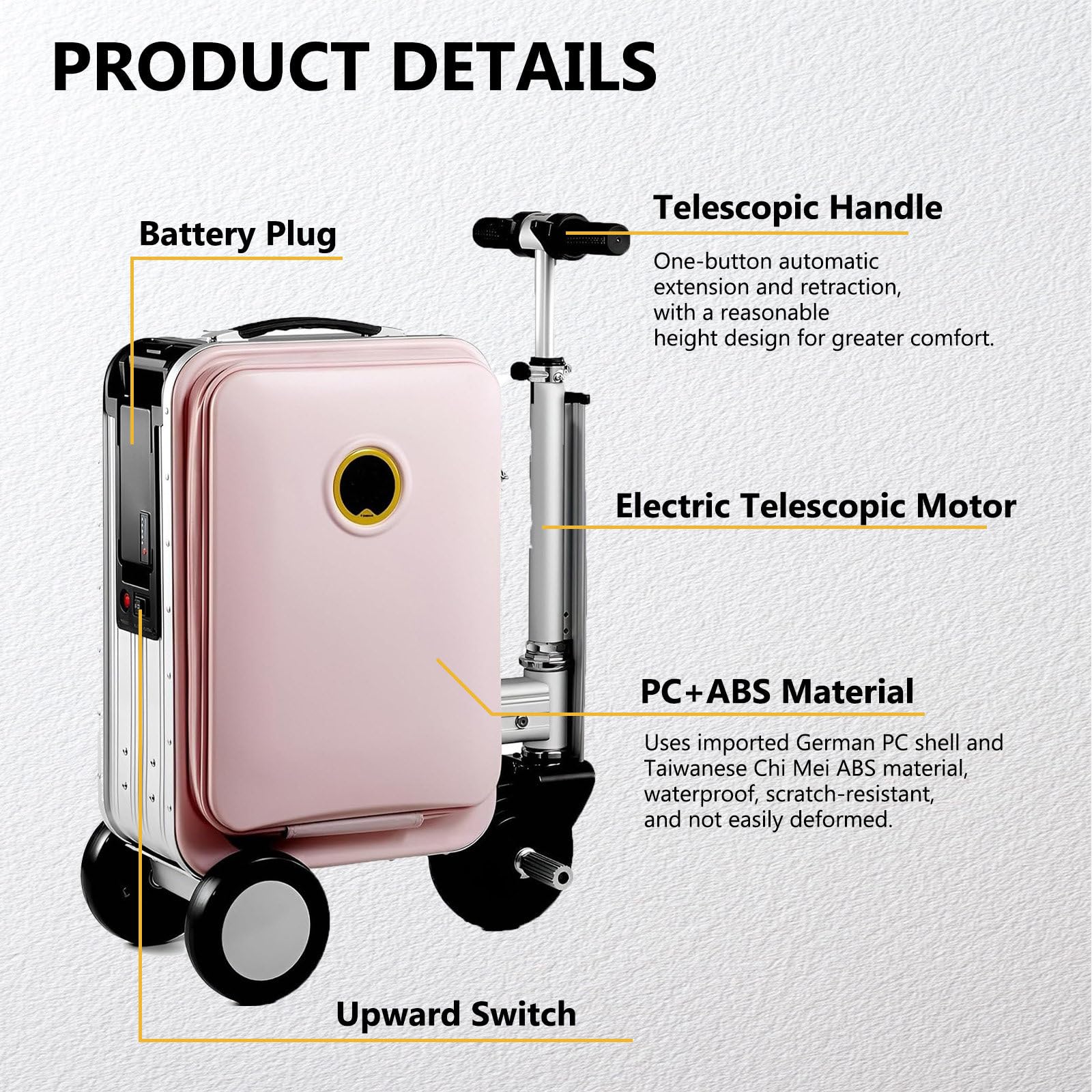 Maleta Patinete Electrico Adulto, Maleta EléCtrica Inteligente 20 litros, Maleta Viaje Inteligente con BateríA Power Bank, Velocidad MáXima 13 Km/H PinkB-1B