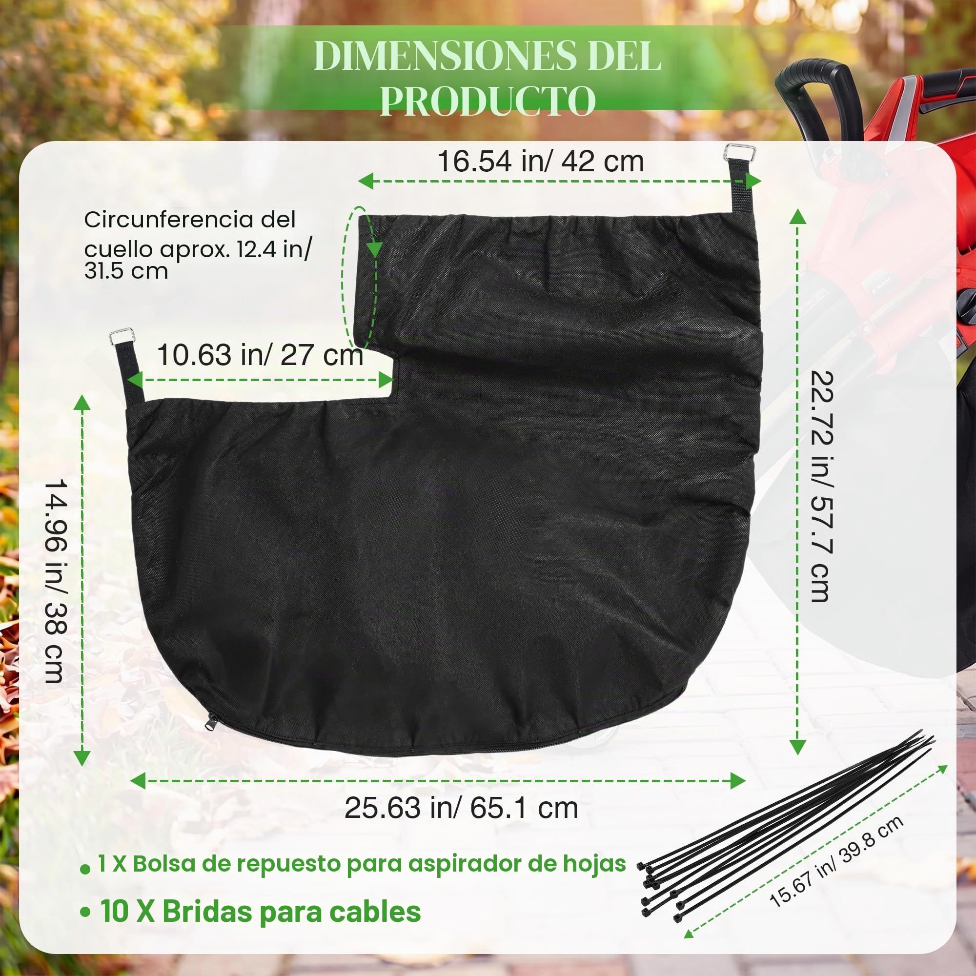Enhon Bolsa para Aspirador de Hojas Compatible con Einhell GE-CL 36 Li E-Solo, Bolsa Recolectora con Conexión Cuadrada, Tela No Tejida con Cremallera para Residuos de Jardín, 10 Bridas