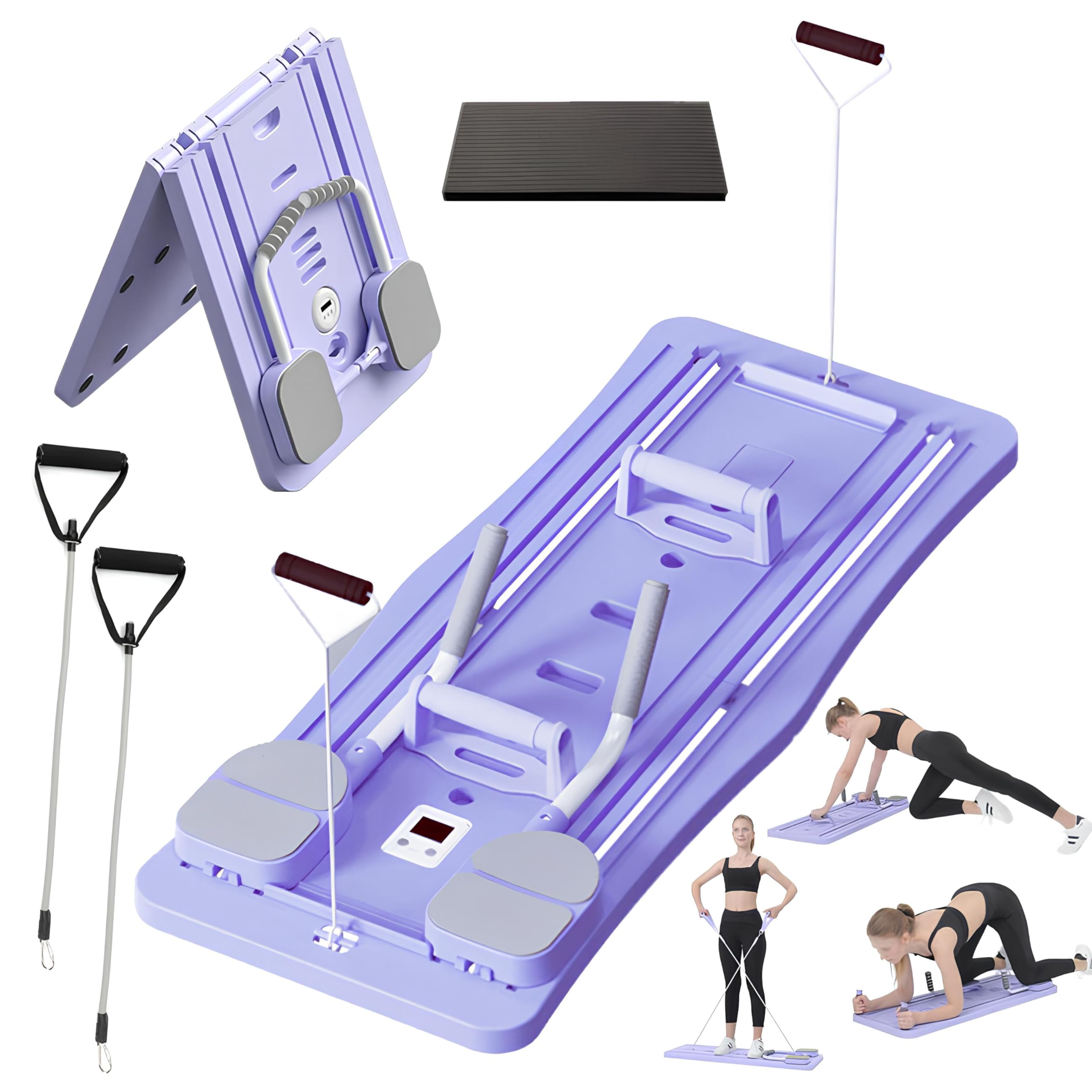 Qivine Pilates Reformer con Rodilleras, Multifuncional Tabla de Pilates en Casa Reformer con Autorrebote, Plegable Pilate Board con Base Deslizante para Ejercicios