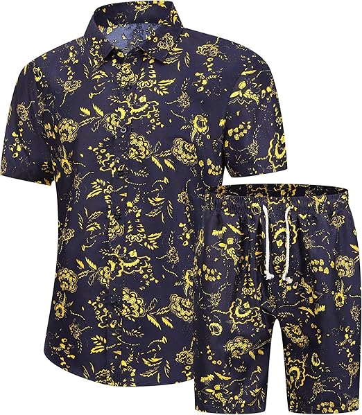 PASOK Men's Floral 2 Piece Tracksuit Casual Button Down Short Sleeve Hawaiian Shirt and Shorts Suit