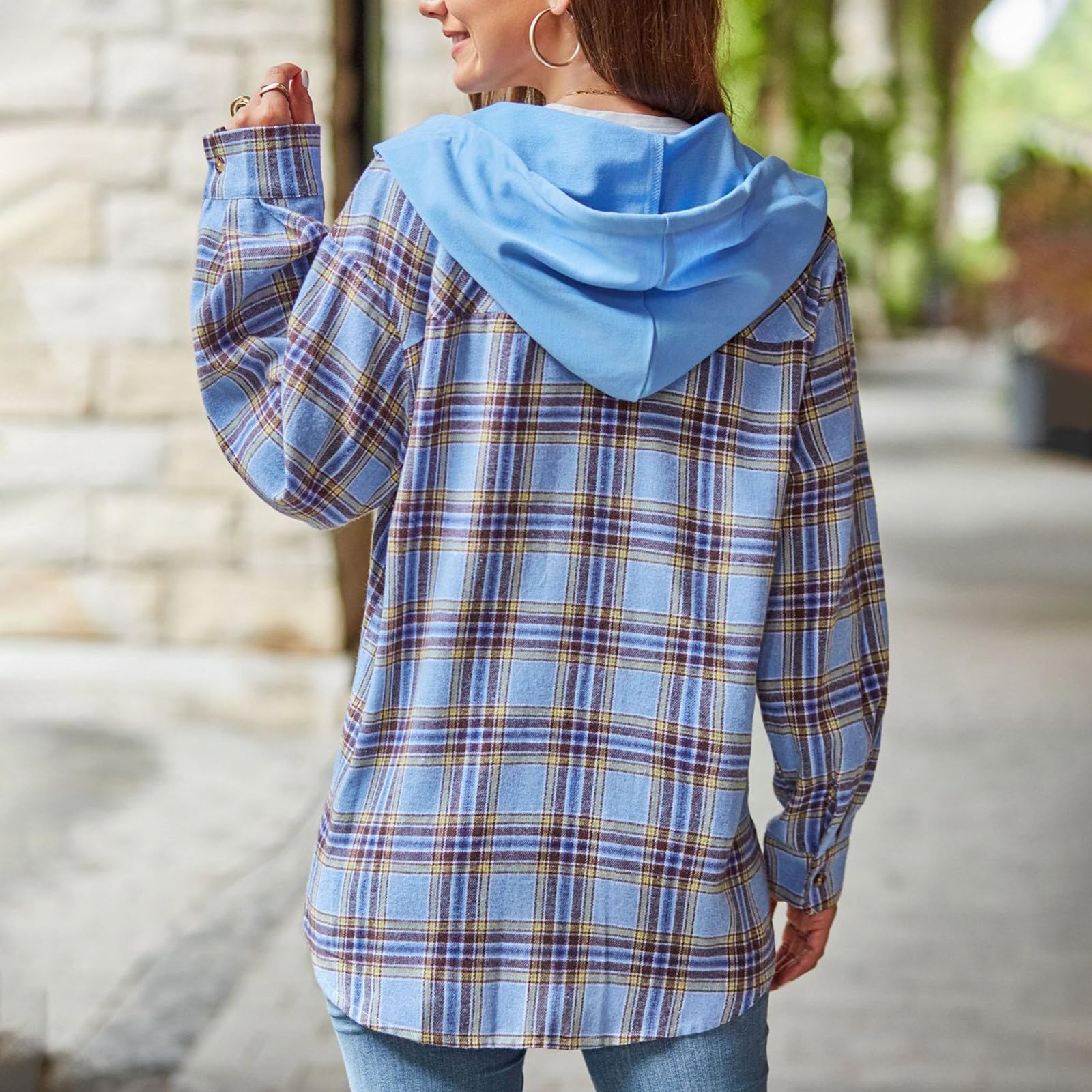 Hemdjacke Damen Kariert Übergangsjacke Leicht Herbstjacke Mit Knöpfen | Jacke Damen Mit Kapuze Mantel Frauen Patchwork Jacket Casual Jacken Mit Taschen Übergangsmantel Revers Mäntel Shacket