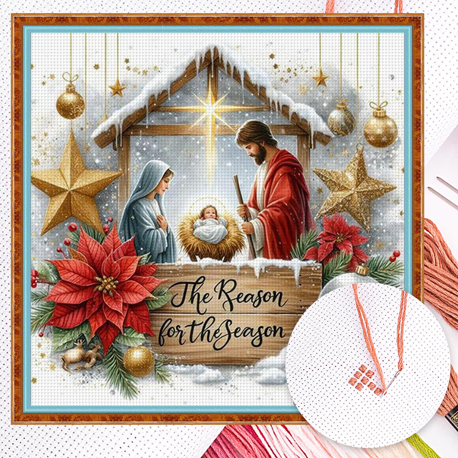 AMZGSHOP Nativity Cross Stitch Kit 40x40cm DIY 14CT Thread Art Needlework White Fabric (D) (4)