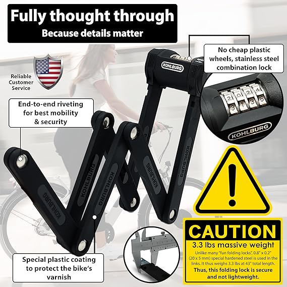 KOHLBURG Folding Bike Lock [43] Bolt Cutter Proof with 4-Digit Combination Code & Bracket - Long Foldable Bike Lock of Heavy Duty Anti Theft Security Level for Bicycle e-Bike MTB & Scooter