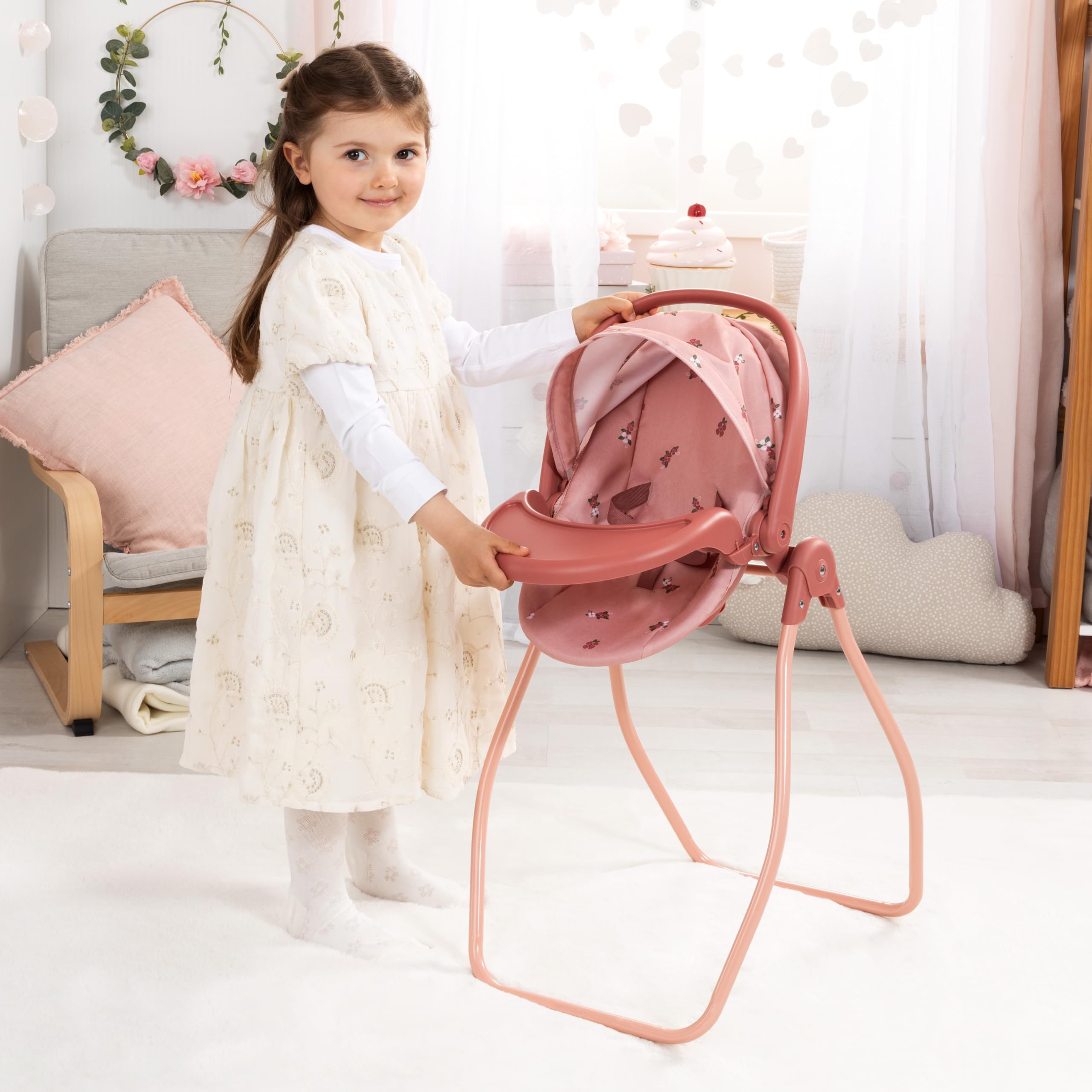 Bayer Design Accessori per bambola Set 4 in 1 seggiolone | Seggiolino auto, lettino, altalena per bambole per giochi di ruolo versatili