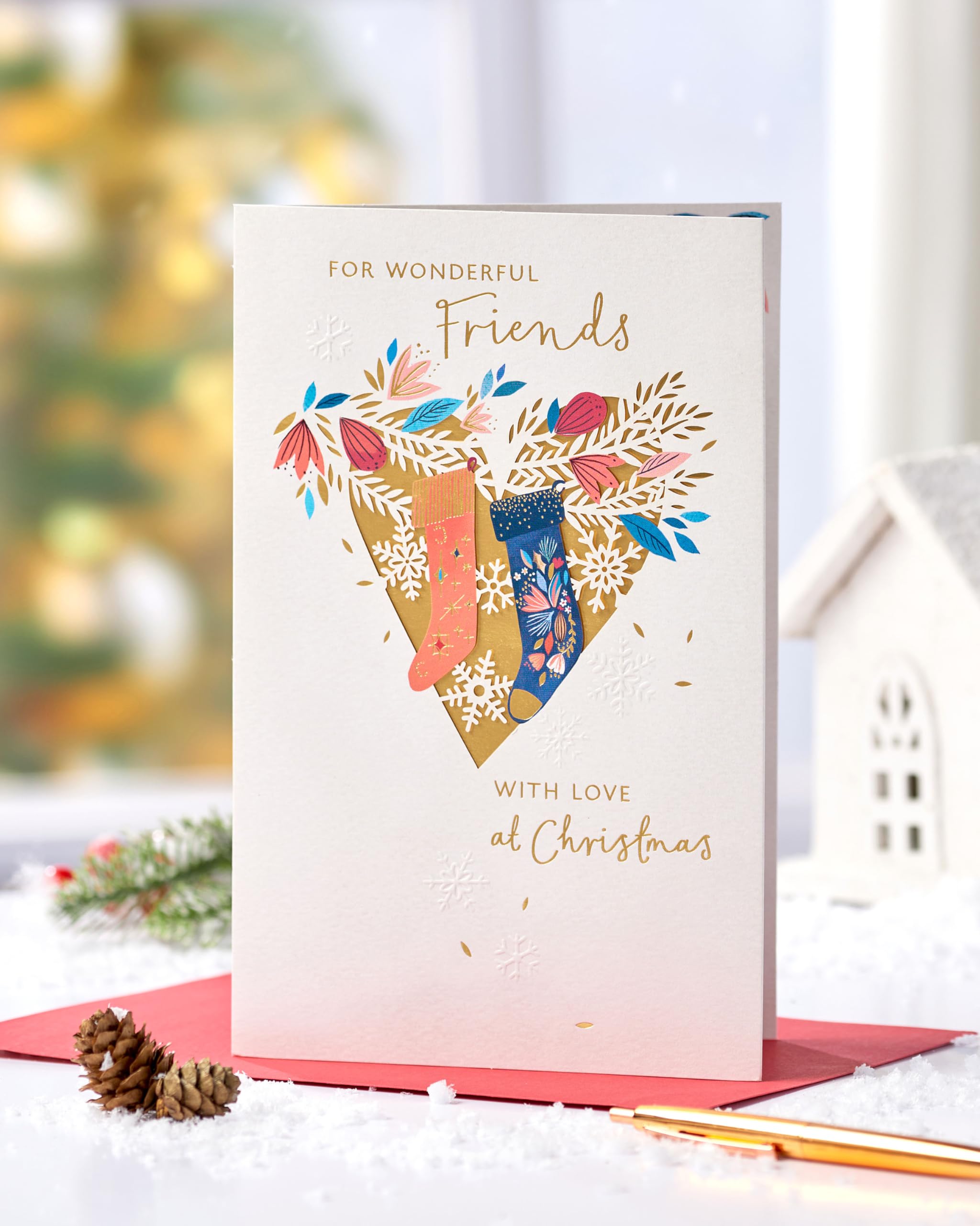 UK Greetings Christmas Card for Friends - Stockings & Heart Design, Friends Heart, 14.9cm x 22.9cm - Image 3