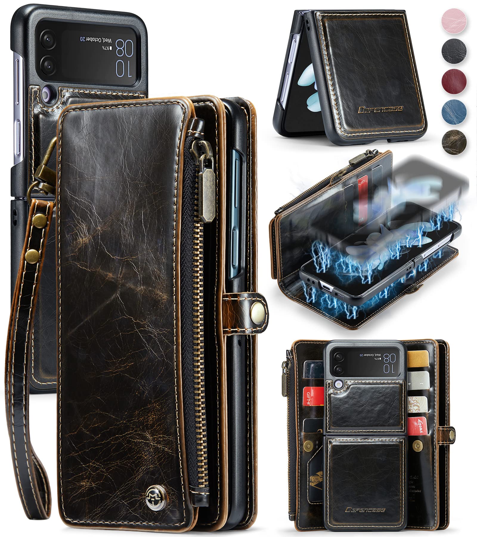 Defencase Samsung Z Flip 4 Case, Z Flip 4 Case Wallet Magnetic Detachable with Card Holder for Women Men, Luxury PU Leather Wristlet Strap Zipper Wallet Case for Samsung Galaxy Z Flip 4 5G, Coffee